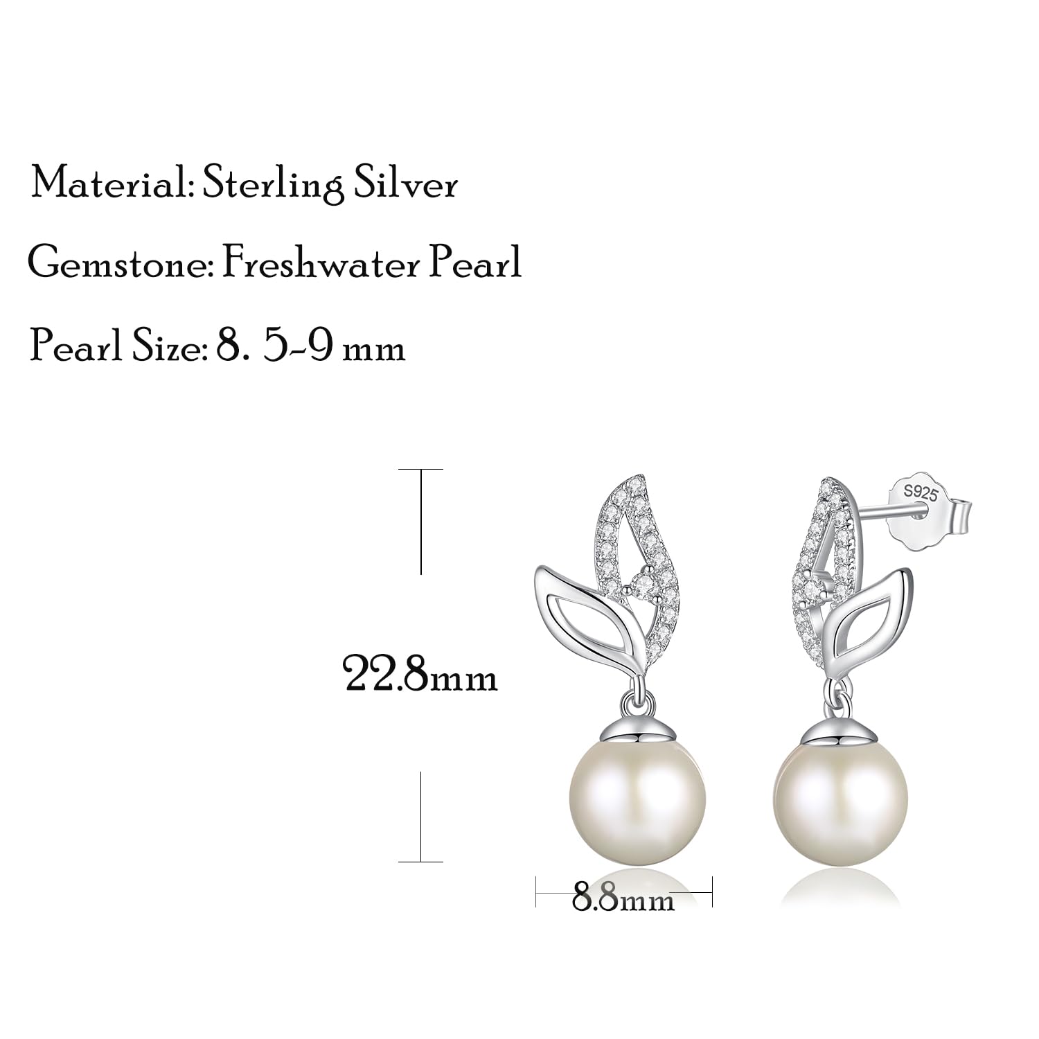 FANCIME 925 Sterling Silver Leaf Pearl Stud Earrings for Women - Genuine 8.5-9mm Freshwater Cultured Pearls, Dangle Earrings, Elegant Pearl Jewelry Gift for Birthday, Wedding & Special Occasions