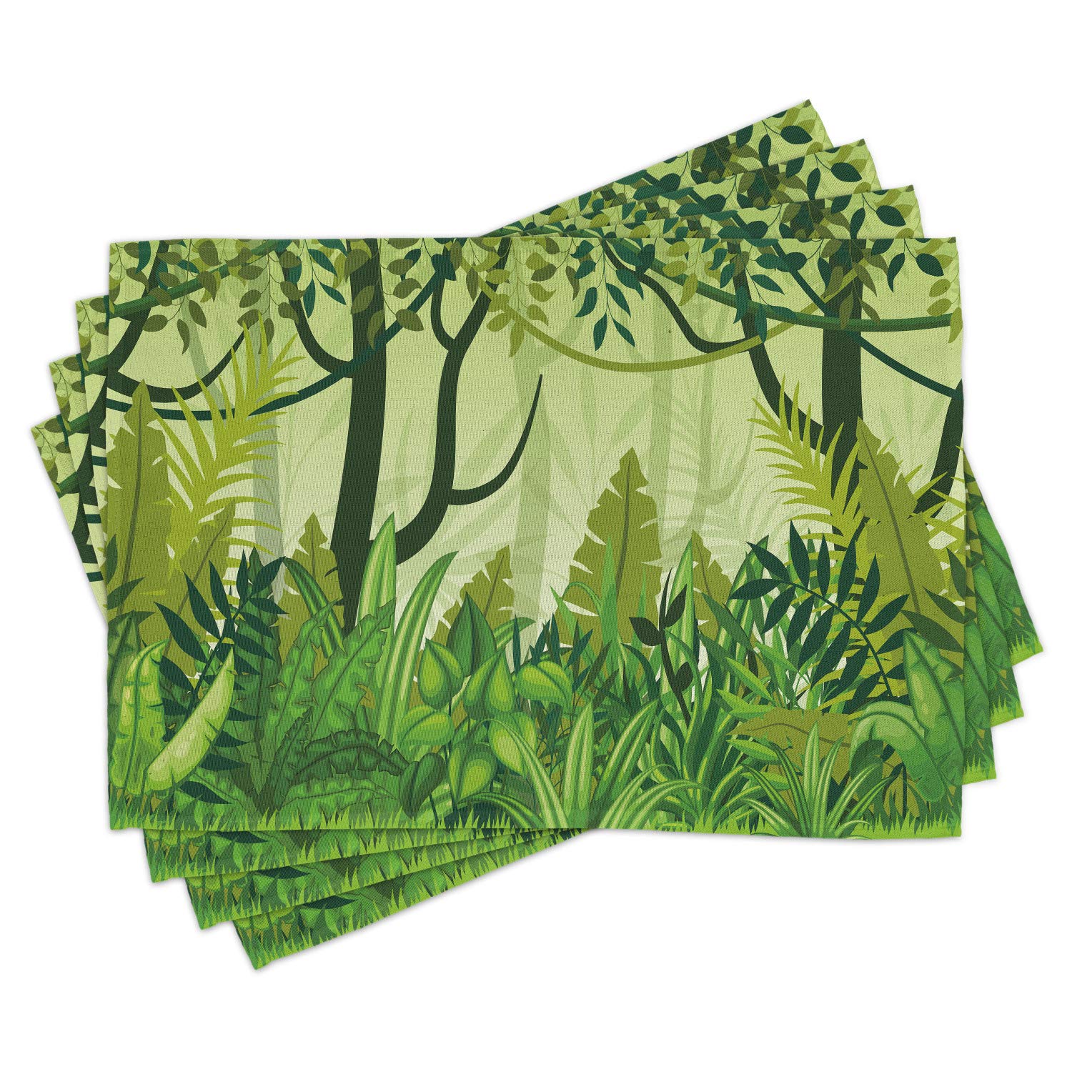 Ambesonne 4-Pack Plant Place Mats - Cartoon Jungle Design with Hand-Drawn Rainforest Leaves, Bushes & Trees - Washable Fabric Table Mats for Dining Room & Kitchen Decor in Forest Green - Perfect for Family Dinners, Parties & Eco-Friendly Home Styling