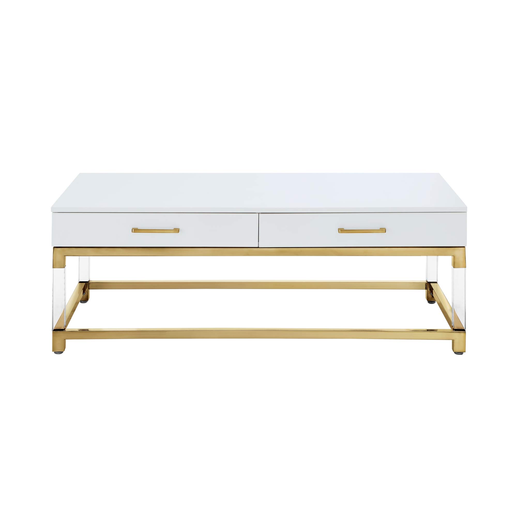 Casandra High Gloss White Coffee Table with 2 Drawers, Acrylic Legs & Gold Stainless Steel Base - Modern Living Room Furniture for Small Spaces, Apartments & Home Decor