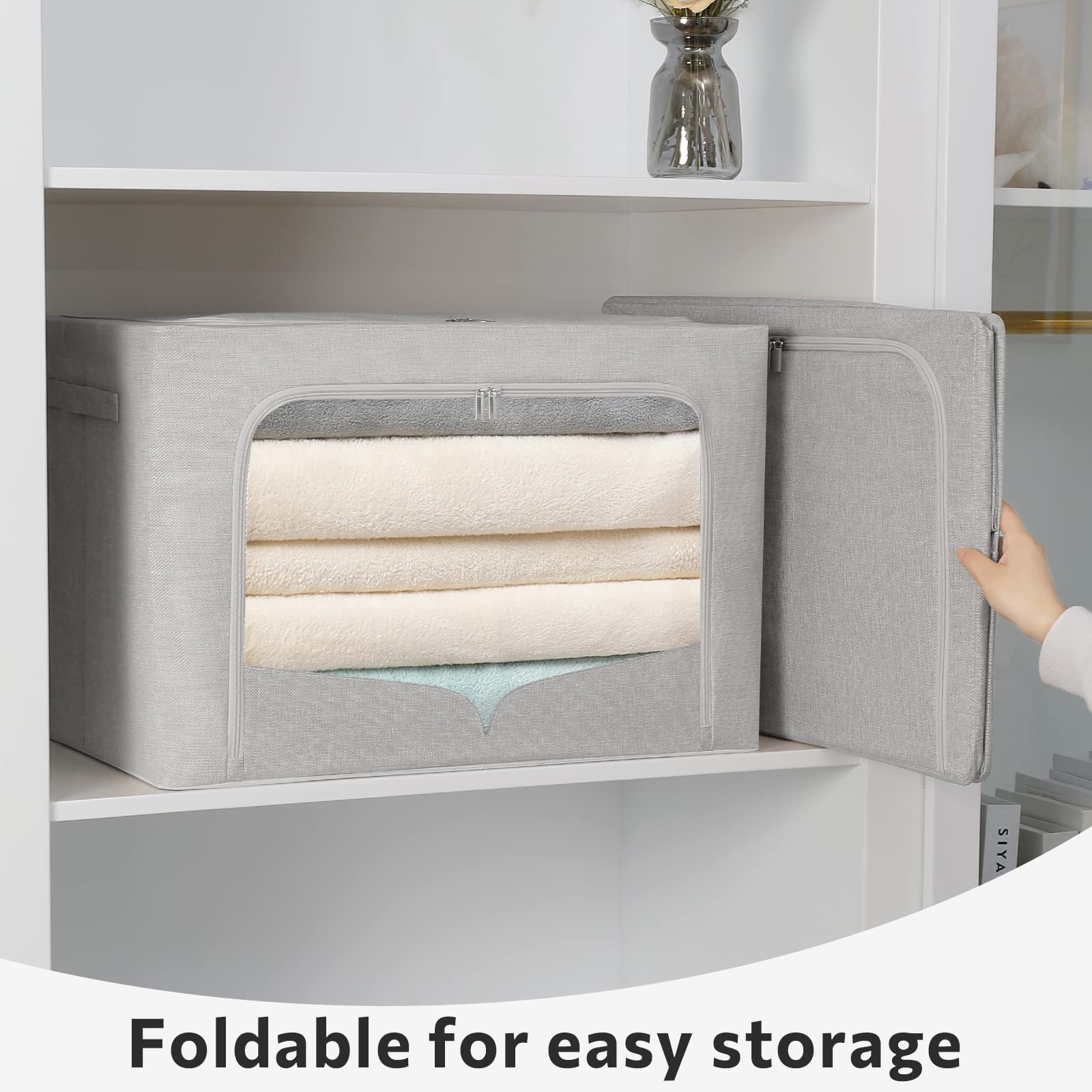 3 Pack Foldable Metal Frame Storage Bins with Clear Window & Handles - Stackable Linen Fabric Organizer Box for Clothes, Toys, or Home Organization (Light Gray, 15.7x11.8x7.8 Inches, 22L) - Perfect for Closet, Nursery, or Office Storage