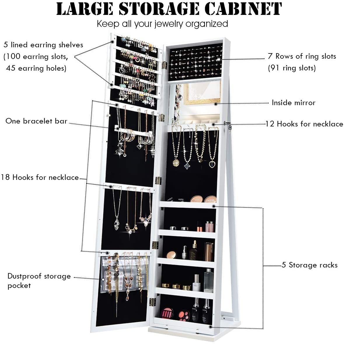 FANTASK Full Length Mirror Jewelry Cabinet with Lock - Free Standing Jewelry Armoire Organizer with Makeup Mirror, Large Storage & Stable Base - White Vanity Dresser for Bedroom, Closet & Bathroom Organization