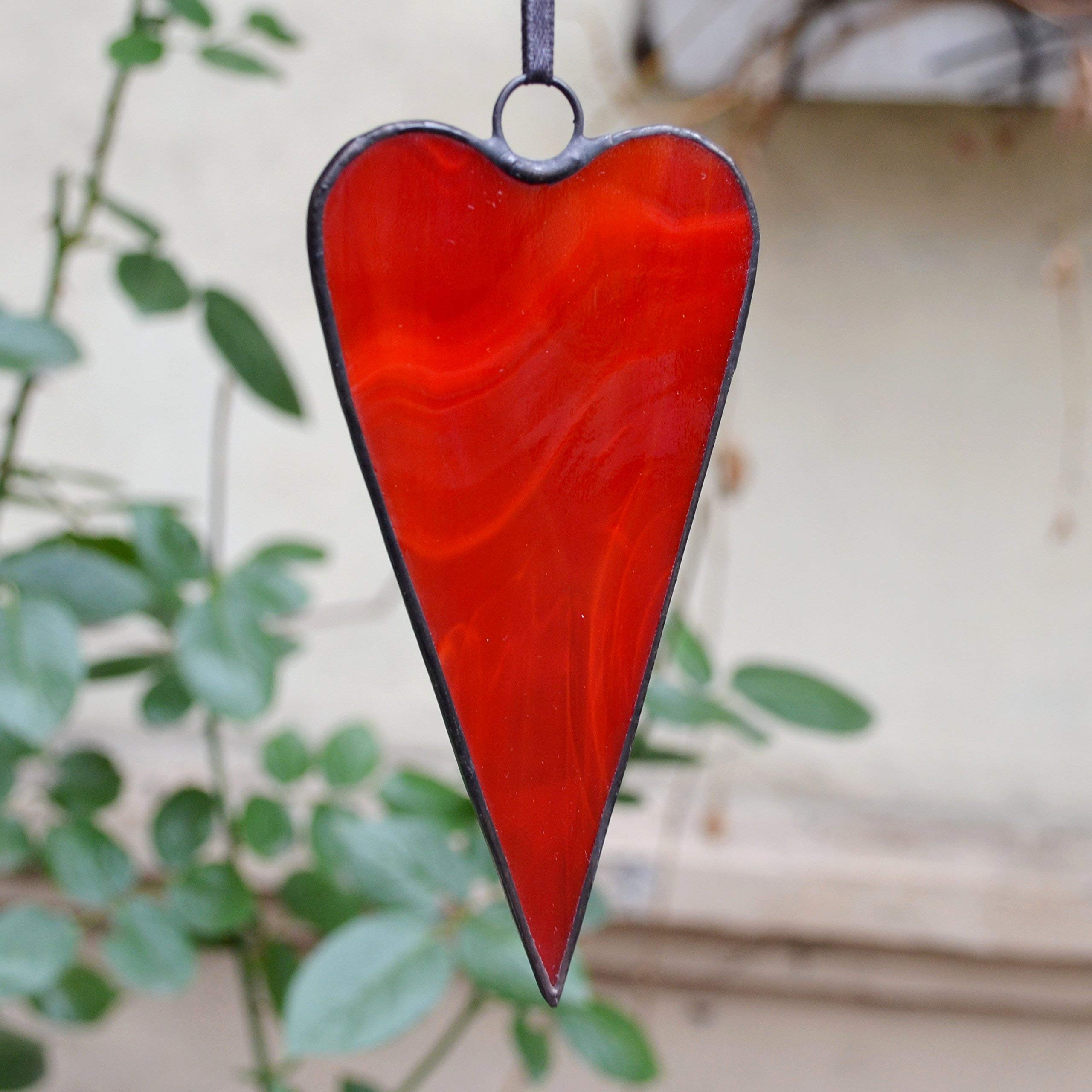 Boho Red Heart Ornament - Handmade Stained Glass Window Hanging & Wall Decor - Romantic Gift for Valentine's Day, Anniversary & Wedding - Perfect for Home, Bedroom & Garden Decorations
