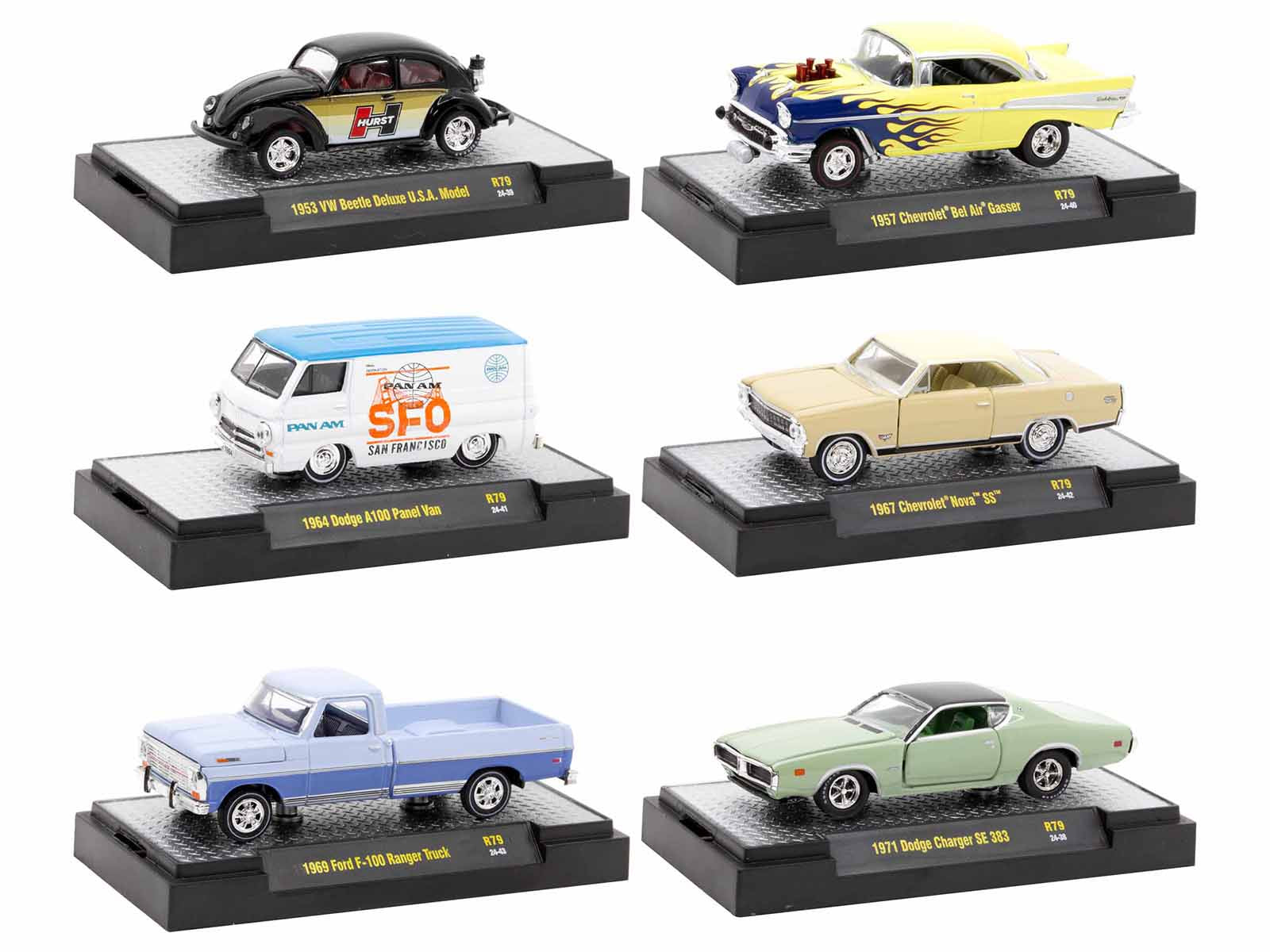 M2 Machines 1/64 Scale Diecast Model Cars - Limited Edition Set of 6 Collectible Vehicles in Display Cases (Release 79) - Perfect for Car Enthusiasts, Gift Giving, and Showcase Display