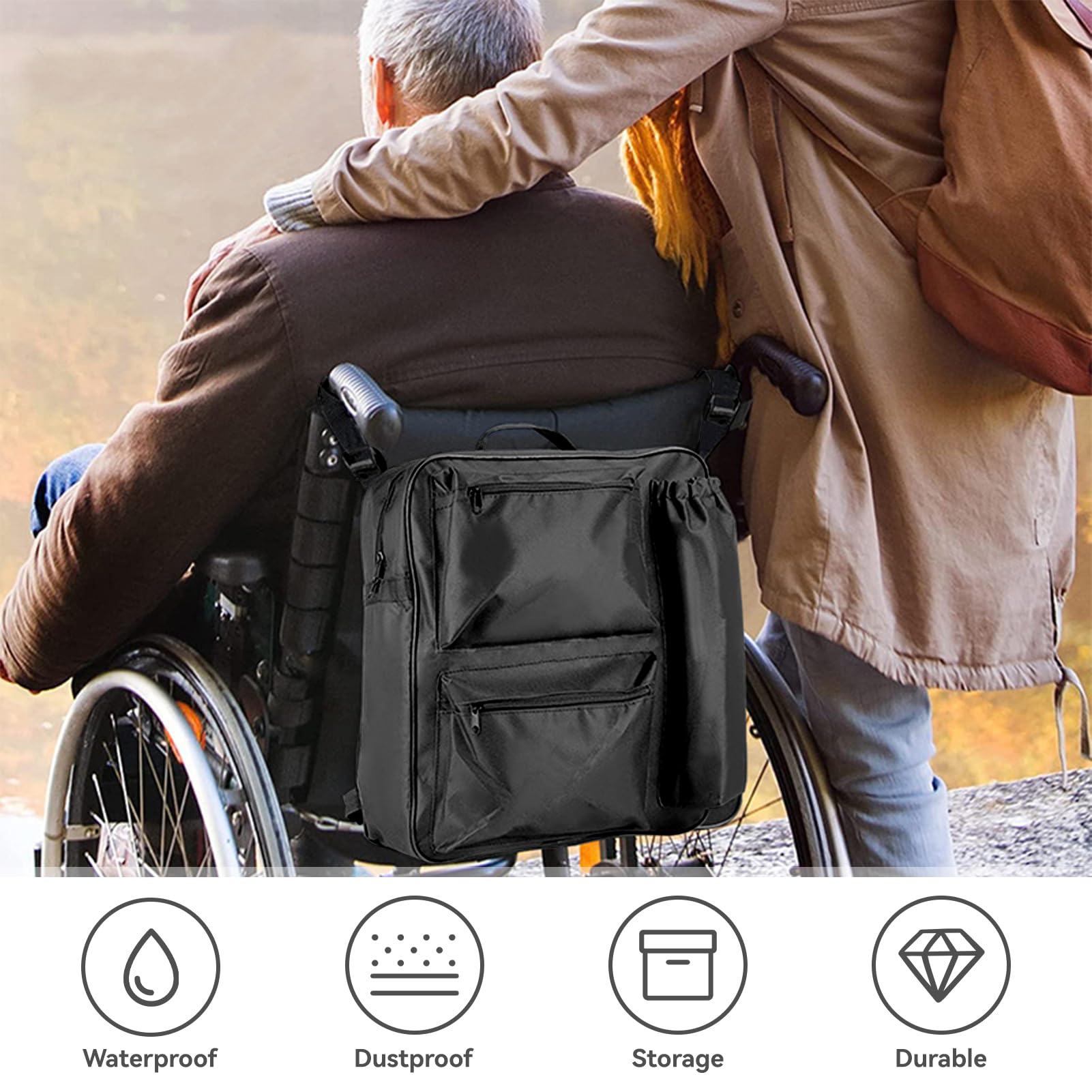 HERCHR XL Wheelchair Bag for Back of Chair - 15.7x5.5x18.9in Waterproof Storage Pouch for Mobility Scooters & Electric Wheelchairs - Durable Backpack Carry Bag for Daily Essentials, Groceries & Medical Supplies (Perfect for Shopping, Travel & Outdoor Activities)