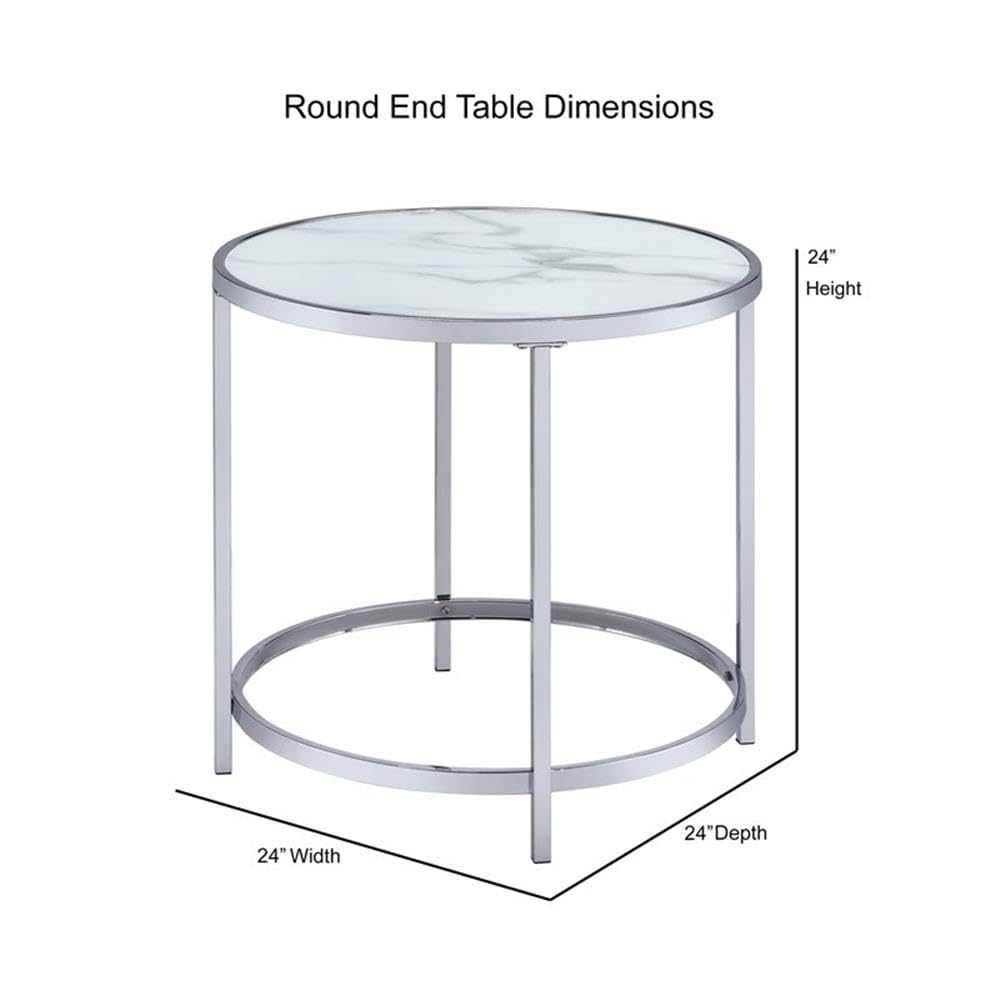 BOWERY HILL White Round Contemporary Metal End Table with Faux Marble Top - Perfect for Living Room, Bedroom, or Office Side Table