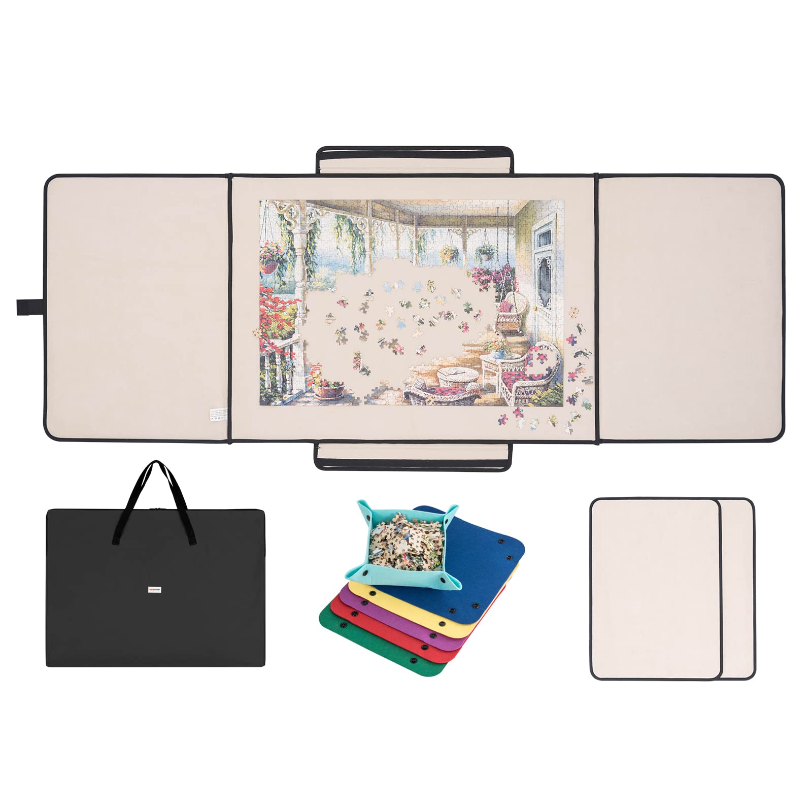 1000 Piece Puzzle Board with Storage Bag & Trays - Portable Jigsaw Puzzle Mat for Adults, Non-Slip Surface, Includes 1 Handle Bag, 2 Sorting Trays & 6 Colorful Trays - Perfect for Home, Travel, and Family Game Nights (Black)