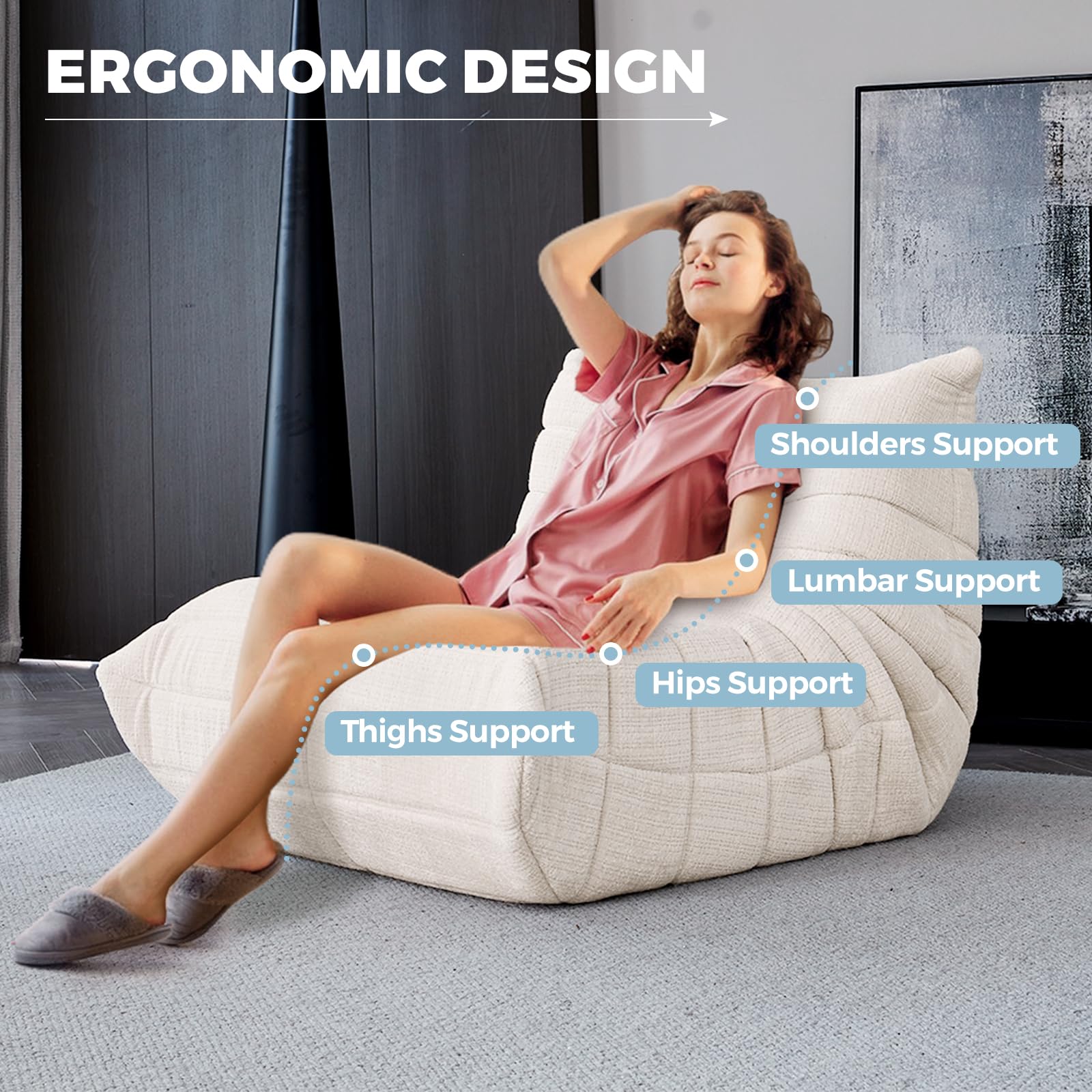 Comfy Fireside Bean Bag Chair for Adults - Modern Chenille Fabric Togo Floor Sofa with High-Density Foam, Single Caterpillar Design - Perfect for Living Room, Bedroom, Salon & Cozy Corners (White)