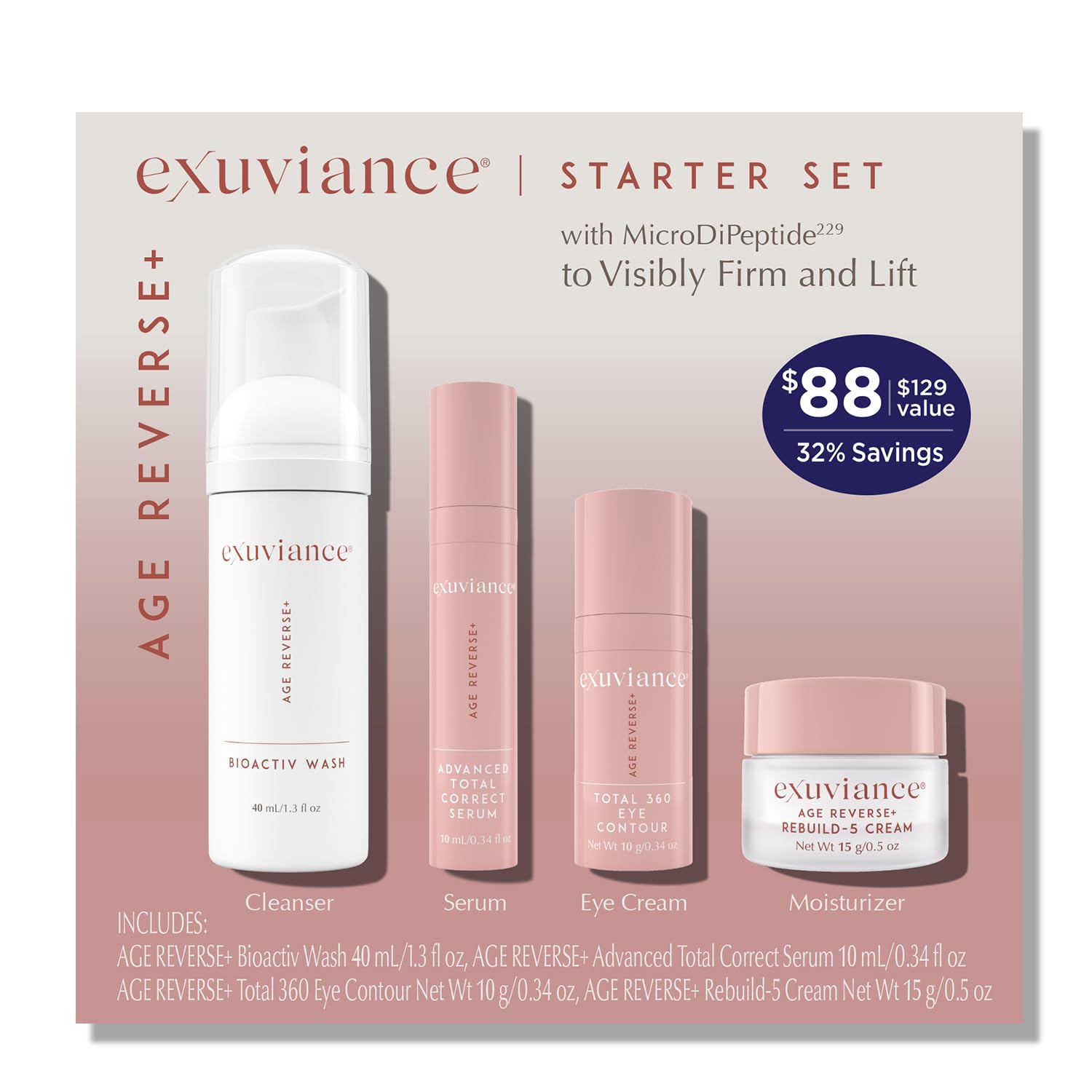 EXUVIANCE AGE REVERSE+ Anti Aging Skin Care Mini Starter Kit - Exfoliating Face Wash, Anti-Wrinkle Serum, Brightening Eye Cream & Firming Moisturizer for Wrinkles & Fine Lines - 4 Piece Set for Daily Skincare Routine & Travel