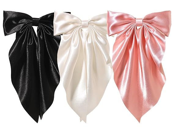 FAMEZA 3-Piece Oversized Satin Hair Bows for Women & Girls - Black, White & Pink Long-Tail Bow Hair Clips, Barrettes & Hairpins - Perfect for Weddings, Parties & Everyday Hair Accessories (Multicolor)