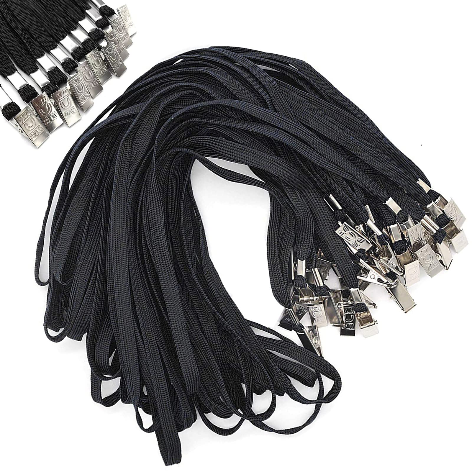 50 Pack Black Badge Lanyards with Clip - Bulk Flat Neck Lanyards for ID Cards & Events