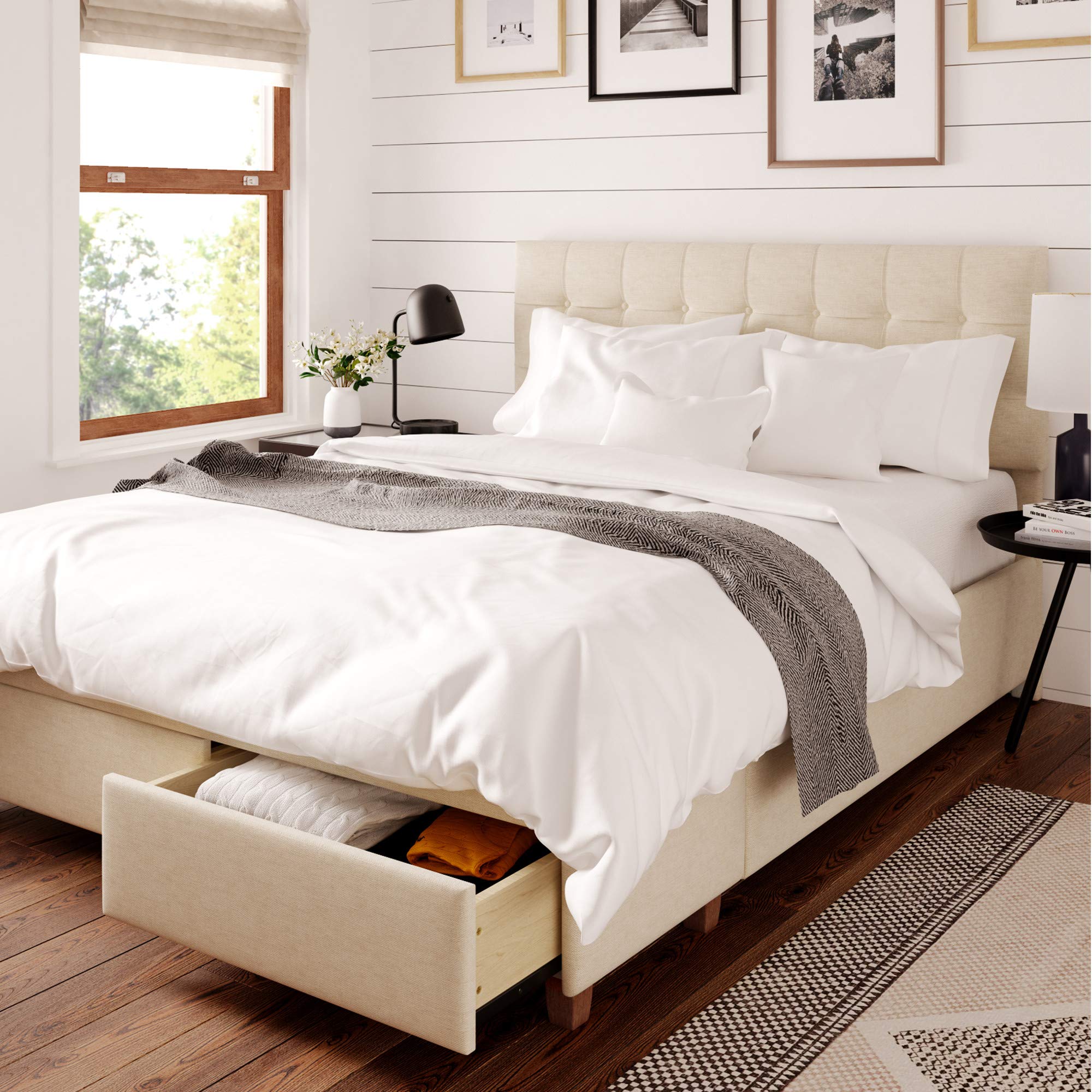 ClickDecor Edmond Queen Size Bed Frame with Storage - Modern Adjustable Height Headboard & Soft Fabric Upholstery in Beige | Perfect for Small Bedrooms & Guest Rooms with Storage Needs