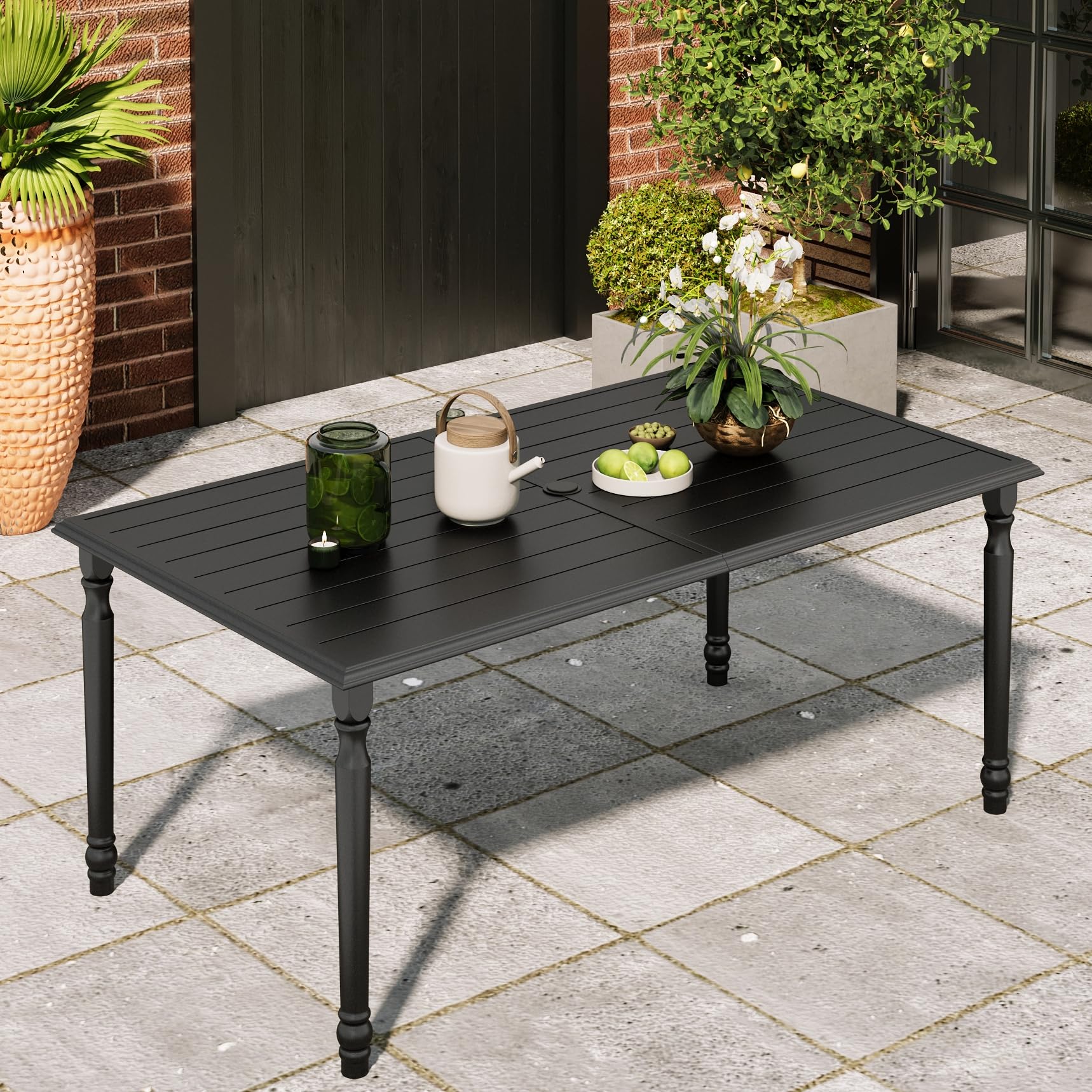 6-Person Outdoor Patio Dining Table with Umbrella Hole - Durable Metal Rectangle Table for Lawn, Garden, Backyard & Porch | Perfect for Summer BBQs, Poolside Gatherings & Al Fresco Dining