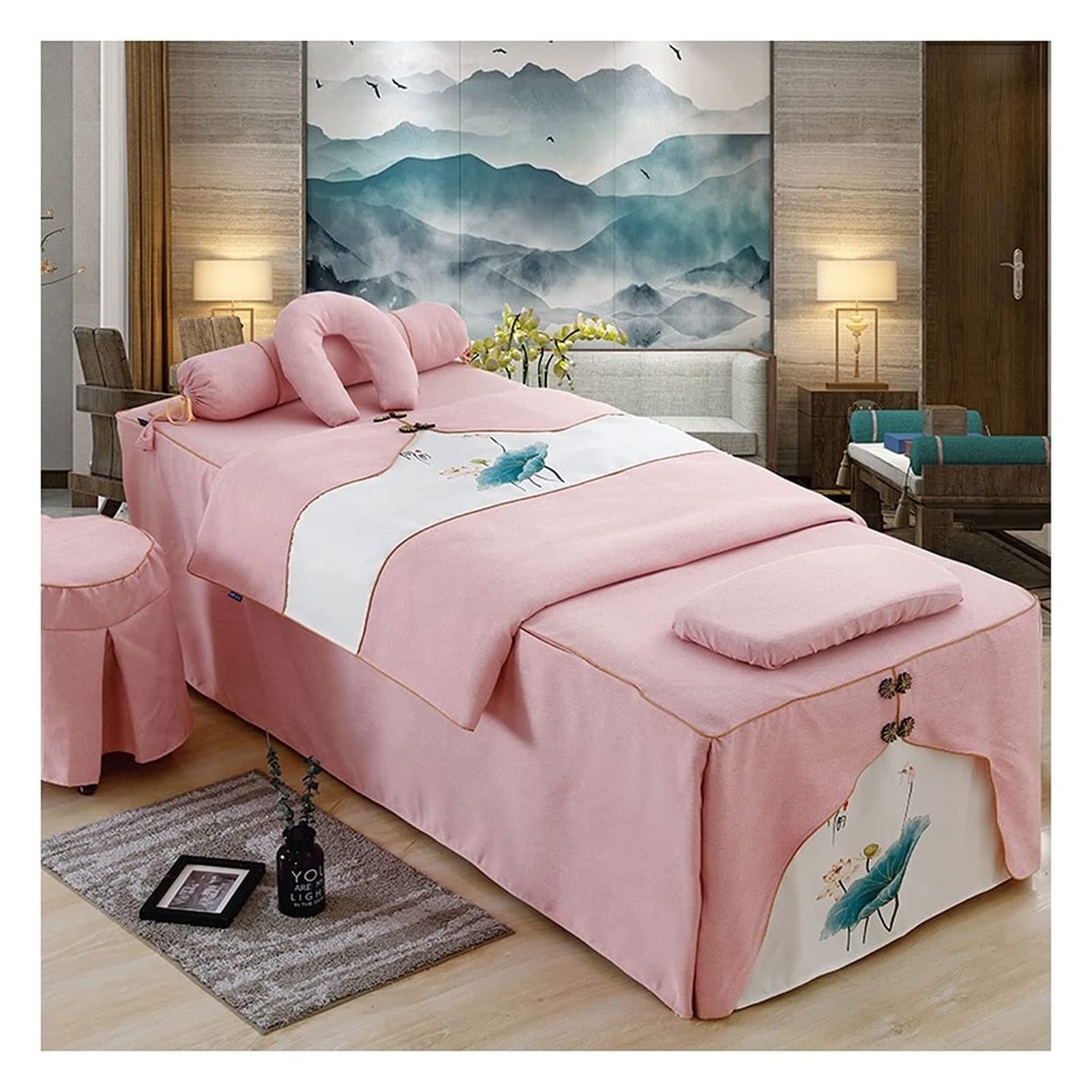 4-Piece Luxury Spa Massage Bed Sheet Set - Premium Cotton Linen Bedding for Beauty Salons & Spas (Pink, 70x185cm) - Professional Salon Treatment, Facial, Massage Therapy & Relaxation