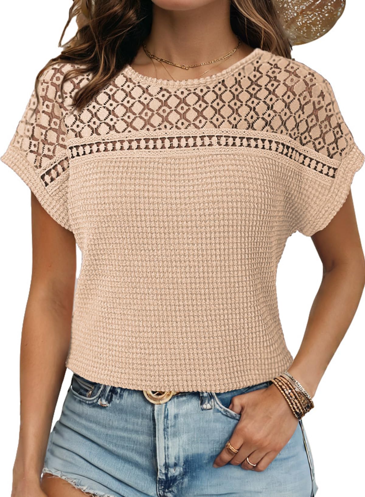 Dokotoo Women's Casual Scoop Neck Short Sleeve Waffle Knit Hollow Out Blouse - Loose Tunic Top for Summer, Beach & Everyday Wear