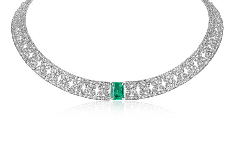 10.62tcw Minor Oil 18K Gold Royal Floral Diamond Statement Emerald Choker Necklace for Women - Elegant Wedding, Party & Evening Wear Jewelry Gift
