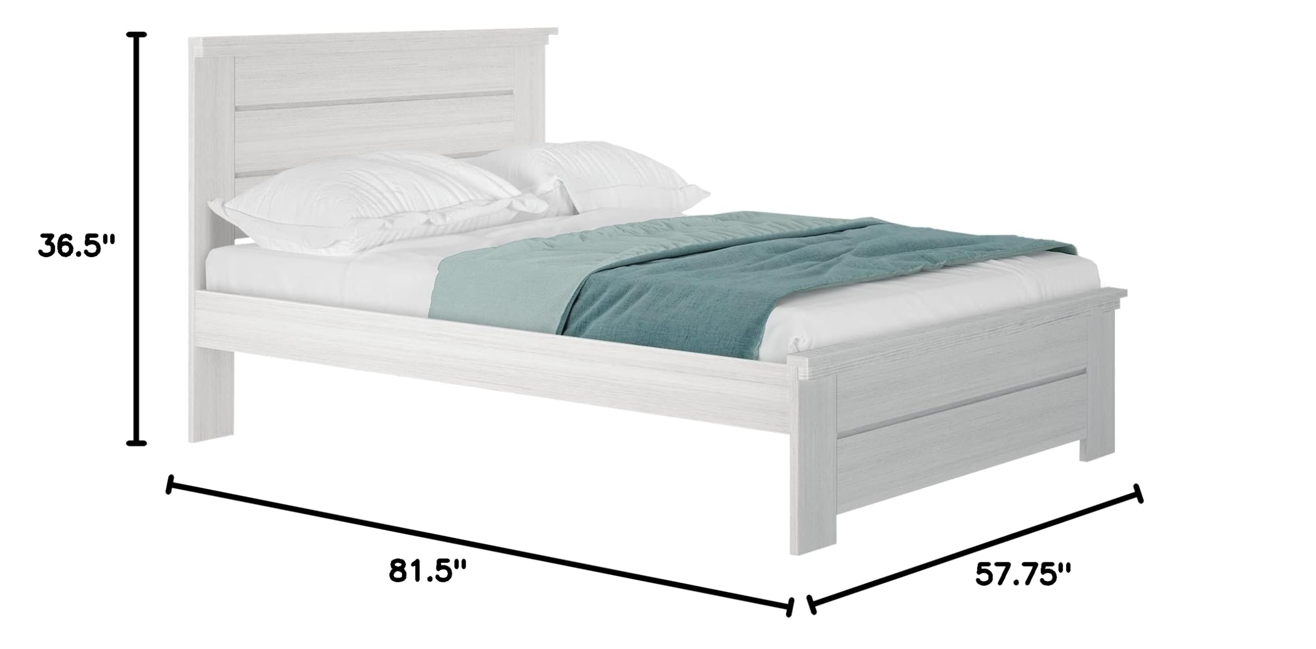 Rustic White Wash Solid Wood Full Bed Frame with Headboard - Sturdy Platform Bed for Bedroom, Guest Room & Farmhouse Decor