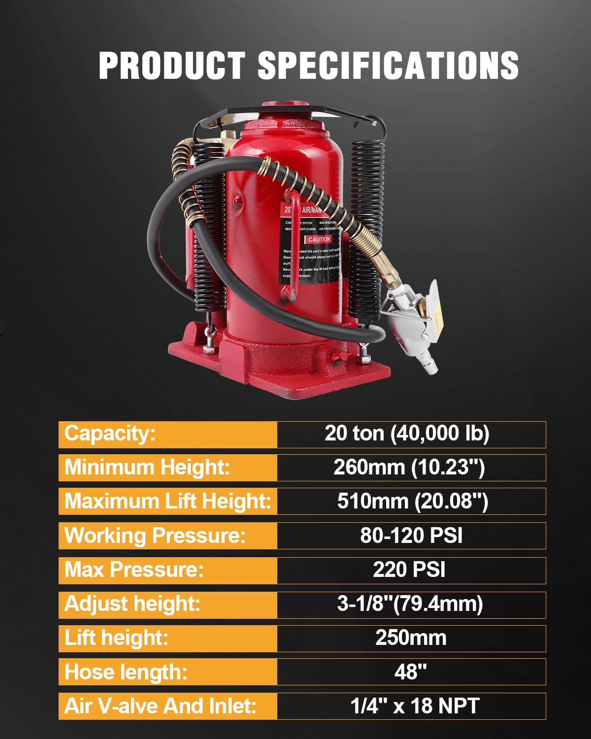 OCPTY 20 Ton Red Pneumatic Air Hydraulic Bottle Jack - Heavy Duty Car Lift for Trucks, SUVs, and Vehicle Repair Shops - Ideal for Auto Maintenance, Emergency Roadside Assistance, and Garage Use
