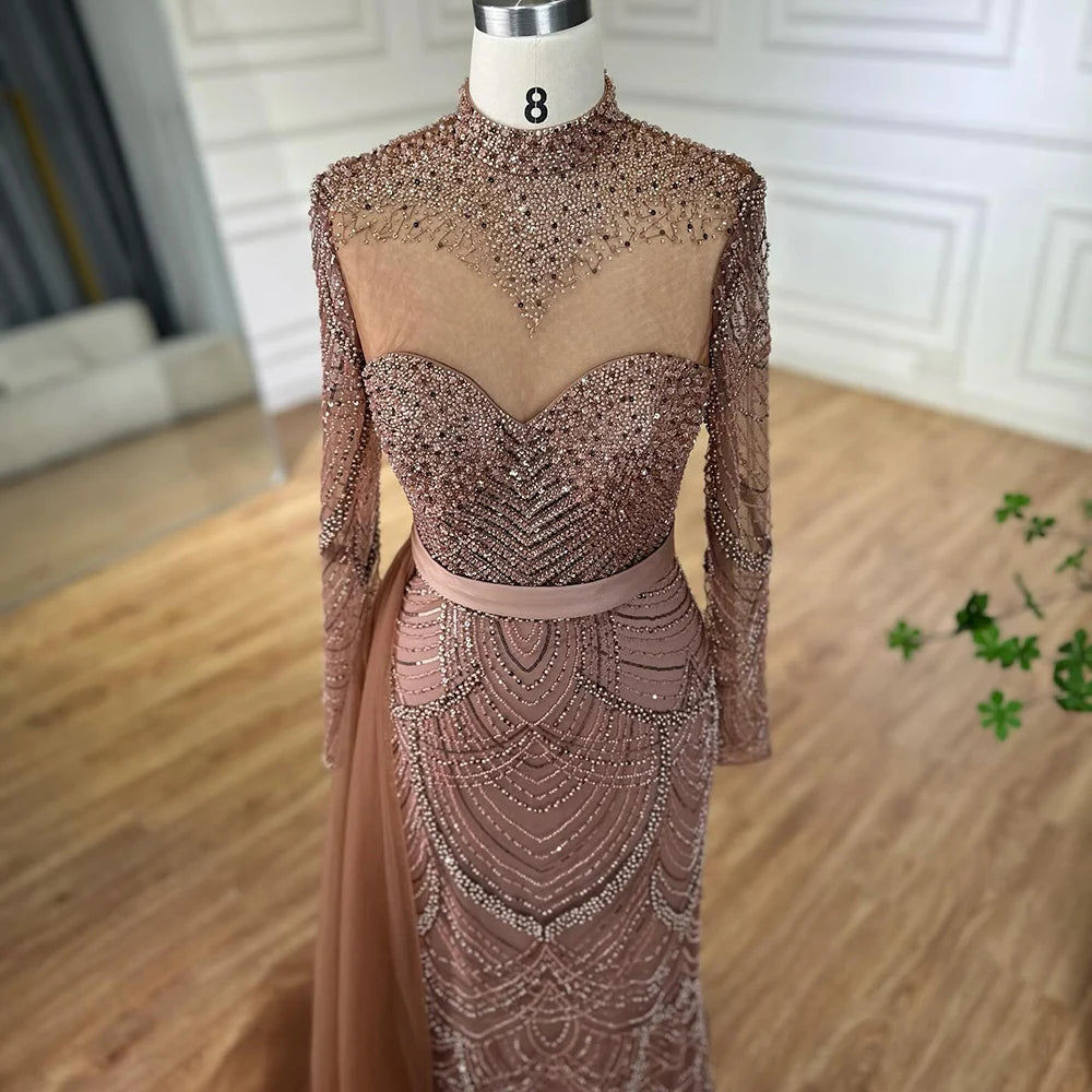 Elegant Brown Beaded Mermaid Evening Gown with Detachable Side Overskirt LA71913A - Perfect for Prom, Gala & Formal Events