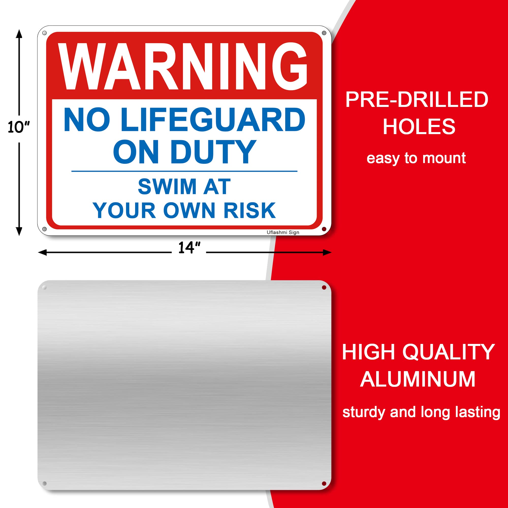 Uflashmi 10x14 Inch Metal 'No Lifeguard On Duty - Swim at Your Own Risk' Warning Sign for Outdoor Pools - Durable Safety Signage for Backyard, Public & Community Pools