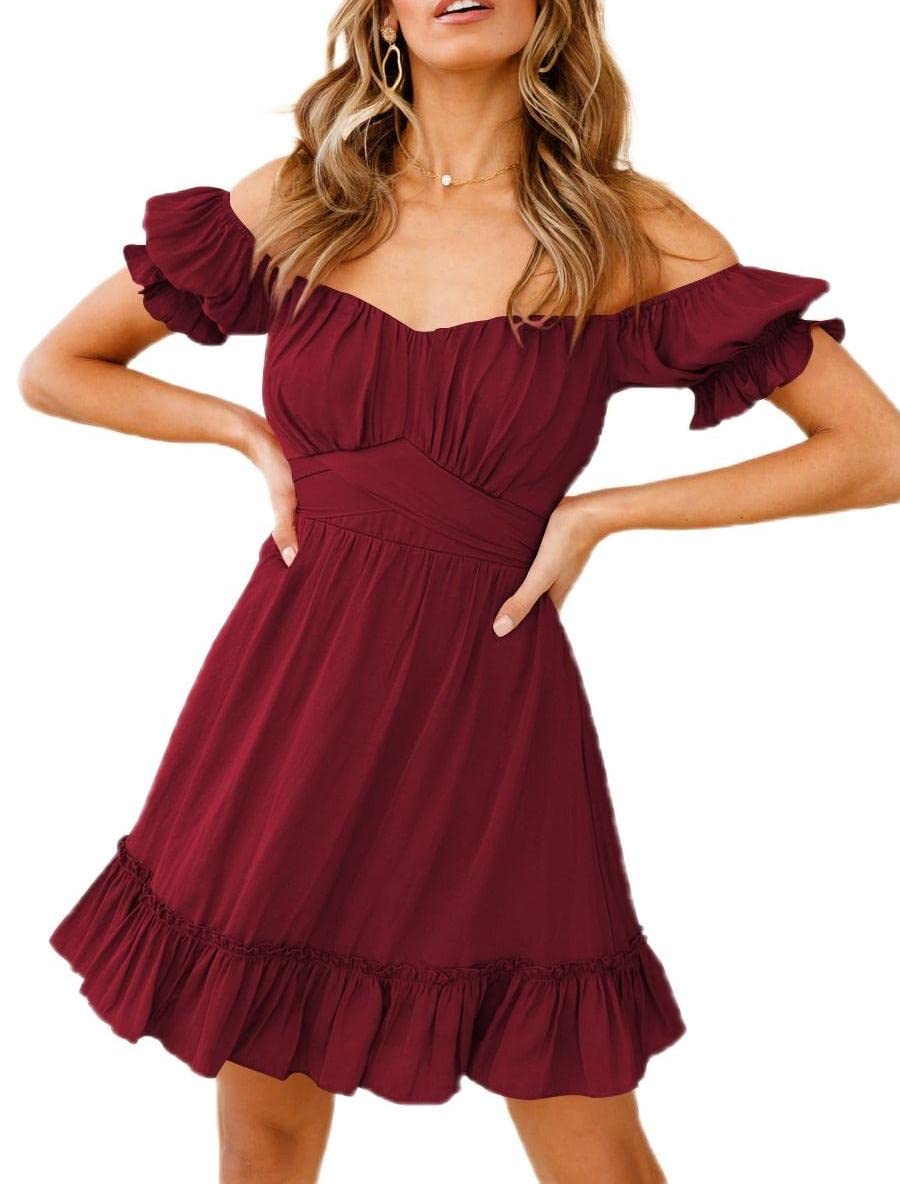 ADoOrWear Women's Black Puff Sleeve Summer Dress - Square Neck Ruffle A-Line Short Sleeve Flowy Dress for Casual, Party & Date Night | Perfect for Beach Vacations, Brunch & Evening Outings
