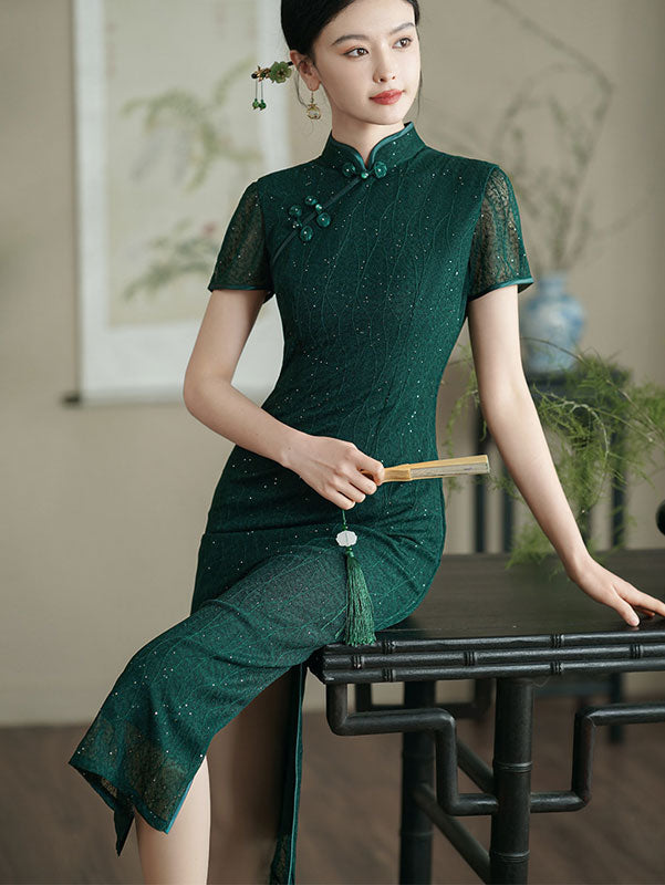 Elegant Dark Green Cheongsam Qipao Dress with Shimmery Lace - Perfect for Chinese New Year, Wedding Banquets & Special Occasions