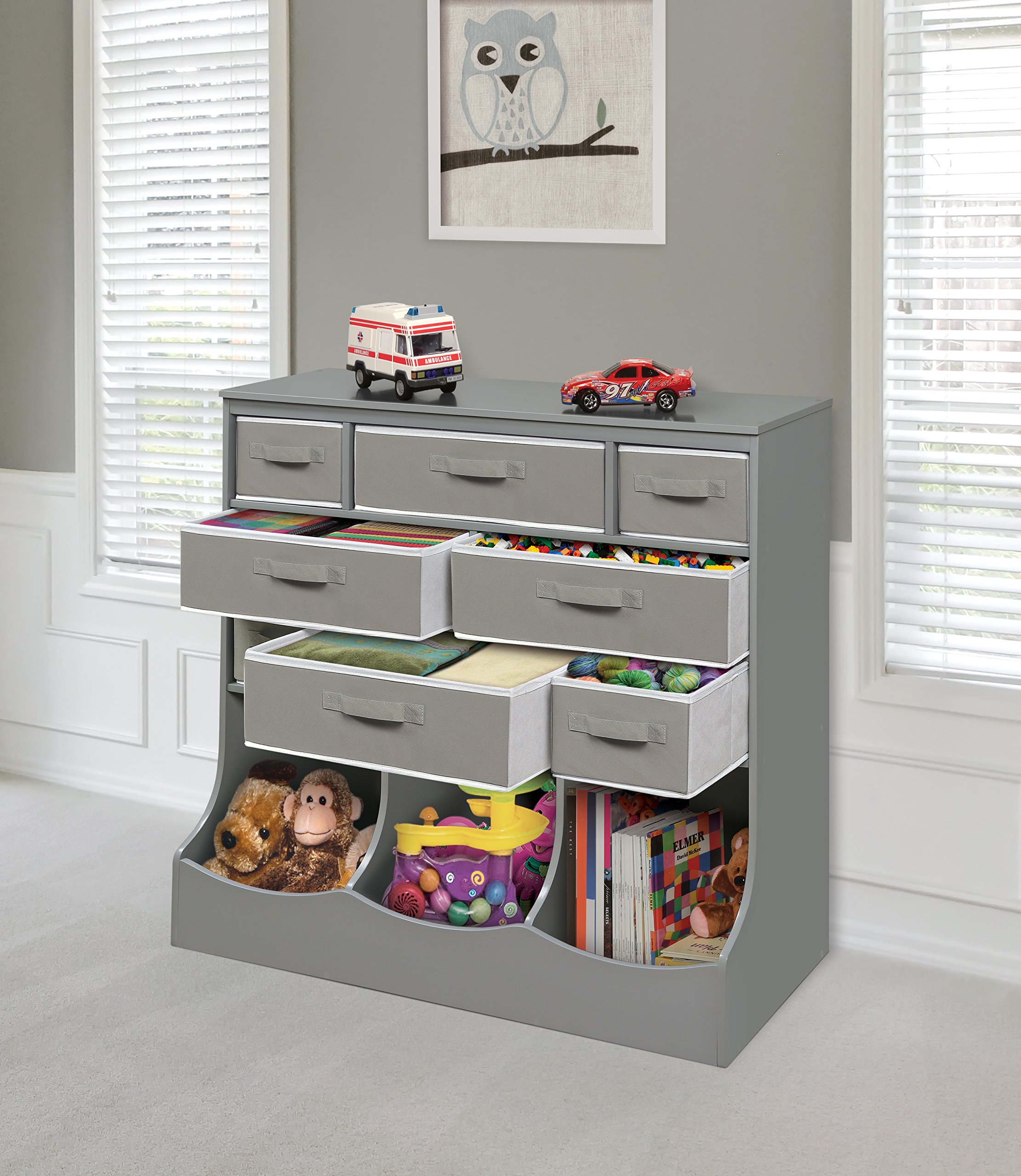 Badger Basket 8-Cubby Kids Toy Storage Organizer with Reversible Fabric Bins - Gray Toy Box for Playroom, Nursery & Bedroom Organization