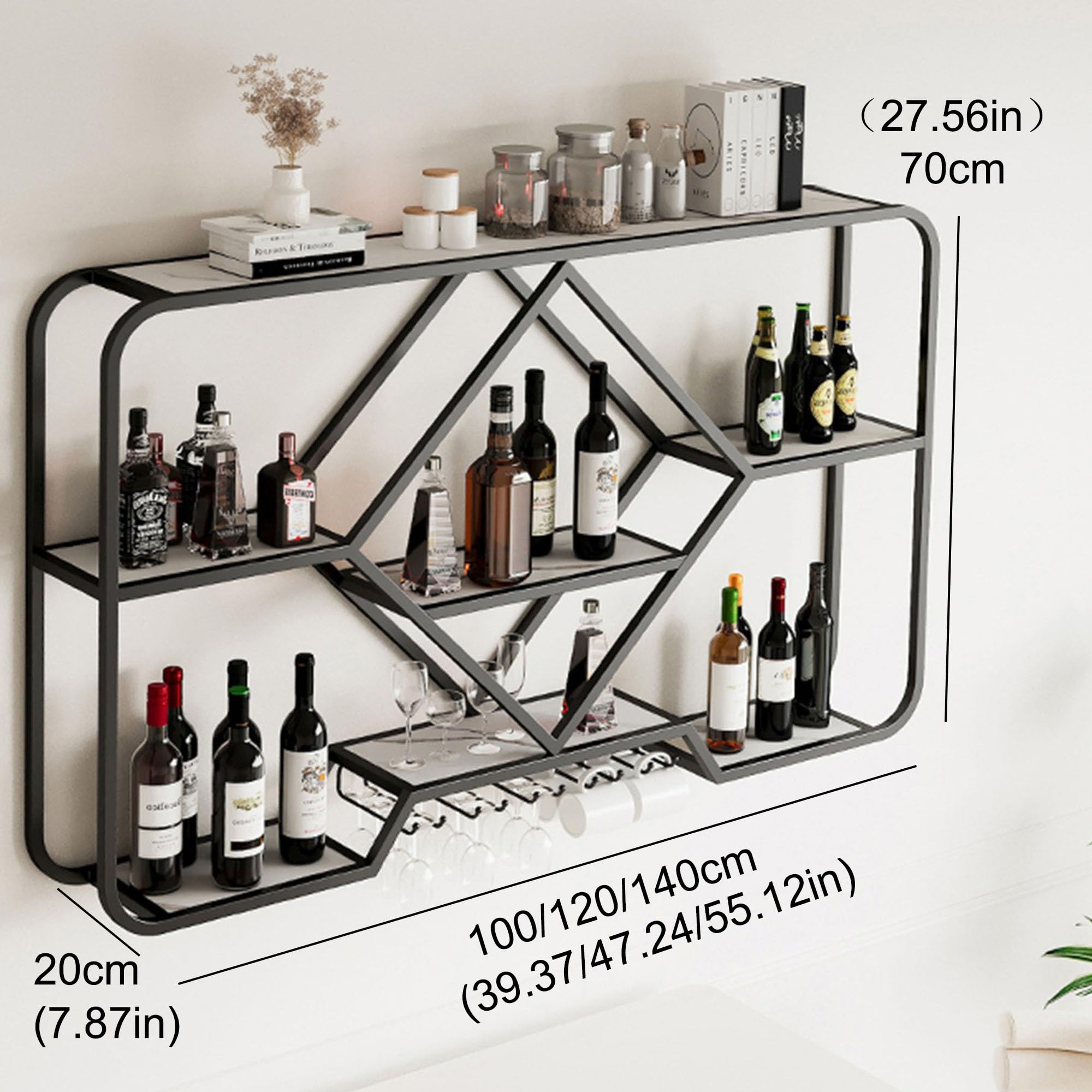 Floating Wine Rack Wall Mounted with LED Lights - 120cm Black Bar Shelf for Liquor Bottle & Glass Storage - Perfect for Home Bar, Living Room, Restaurant, Cafe & Kitchen Decor