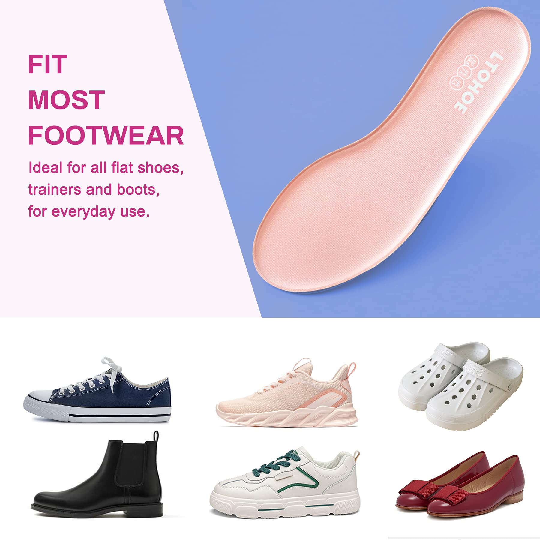 LTOHOE Women's Memory Foam Insoles - 8mm Cushioned Shoe Inserts for Running, Hiking & Sneakers - Shock Absorbing Orthotic Insoles for Foot Pain Relief - Comfortable Inner Soles (Pink, US 7) - Perfect for Workouts, Walking & All-Day Comfort