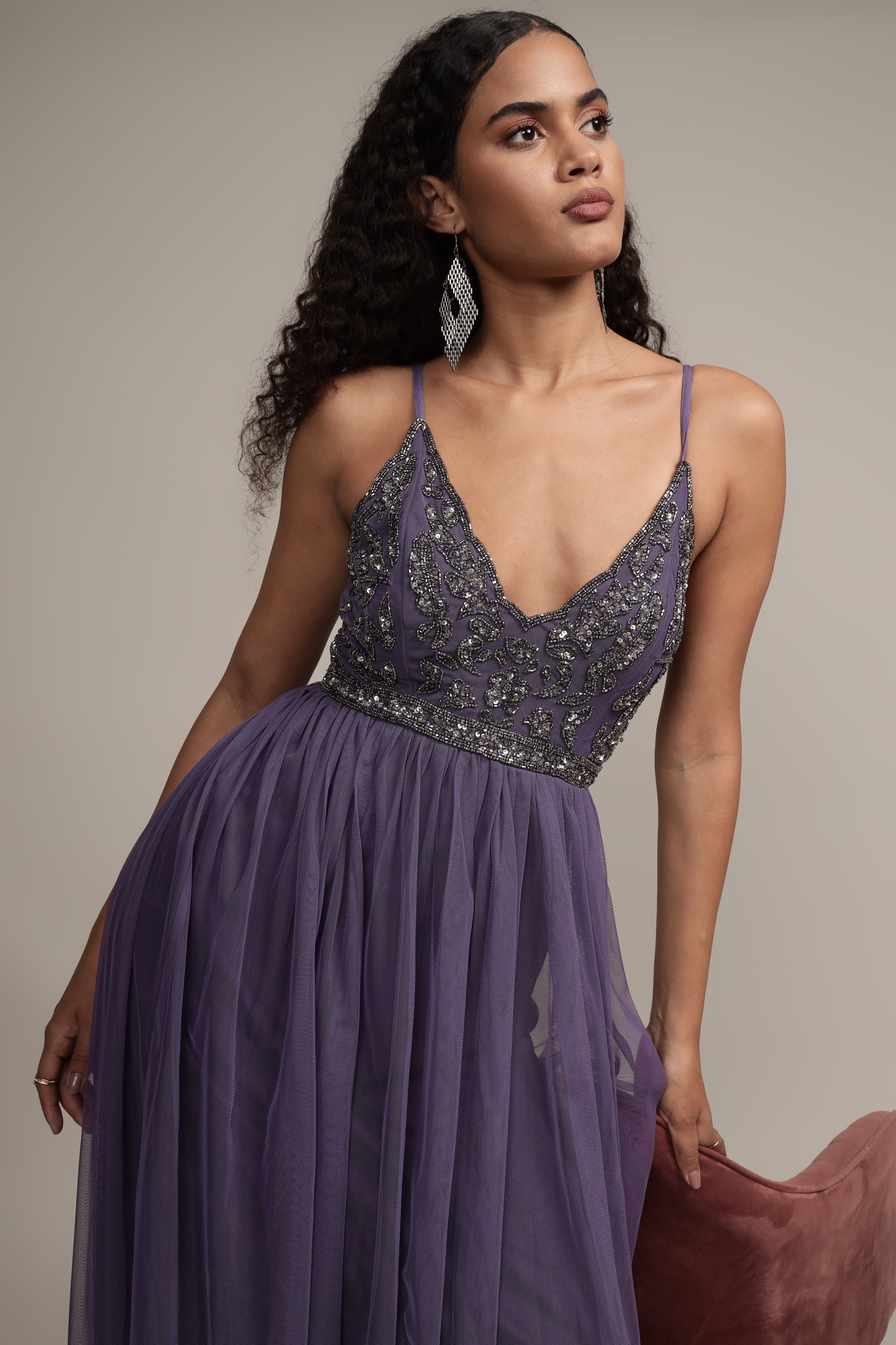 Lexi Embellished Maxi Dress in Mulled Grape - Elegant Long Flowy Evening Gown for Weddings, Parties & Special Occasions