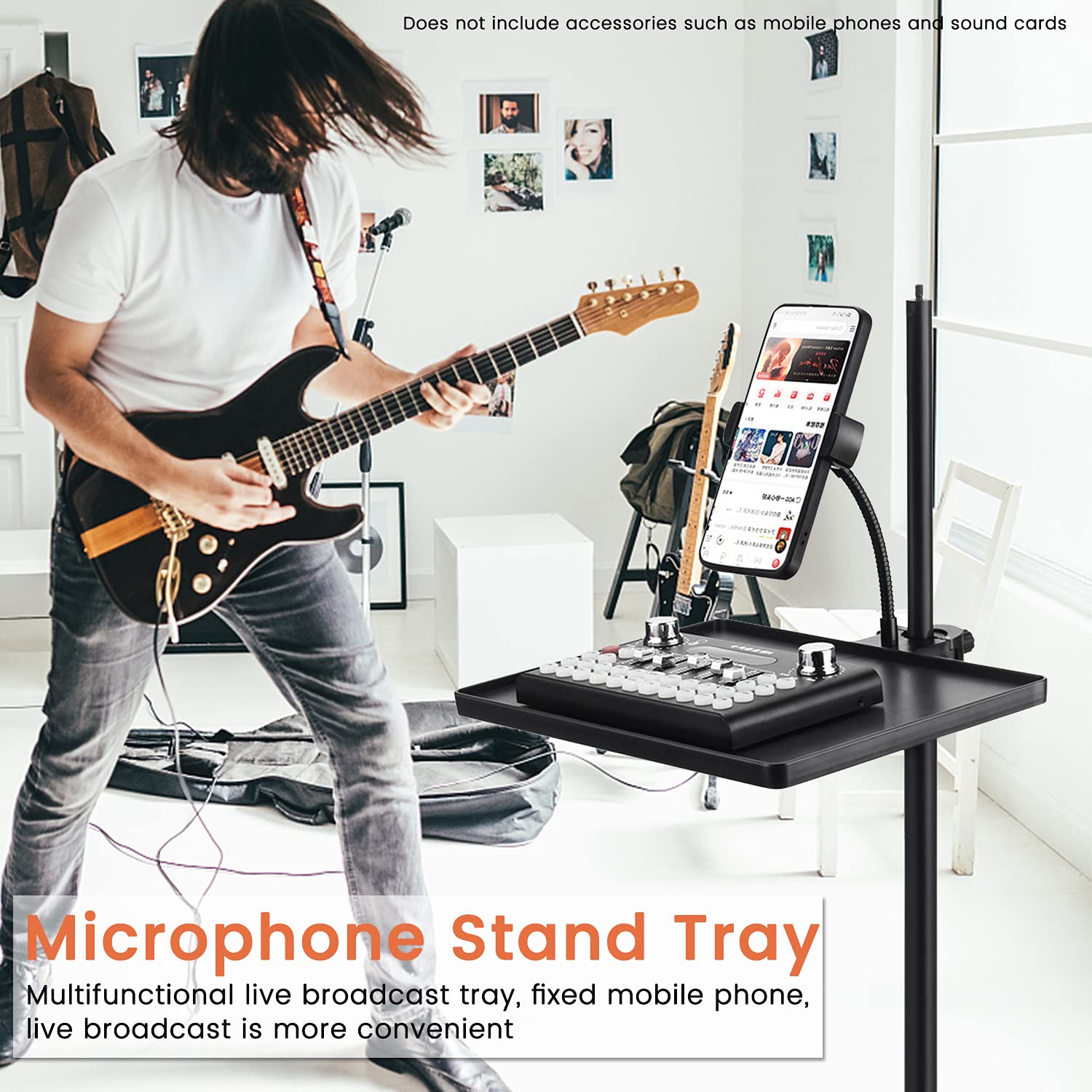 Universal Phone Holder & Microphone Stand Tray - Adjustable Clamp-On Rack for Cell Phones & Music Sheets | Compatible with Most Mic Stands | Perfect for Live Streaming, Karaoke, Recording, YouTube Videos & Podcasting