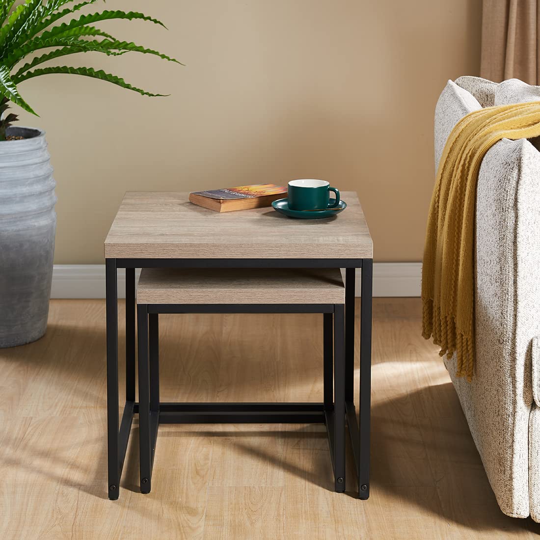 CENSI 20-Inch Grey Wash Wood Nesting Coffee Table Set - Modern Industrial End Table & Side Table for Living Room, Bedroom or Office - French Oak Finish for Stylish Home Decor
