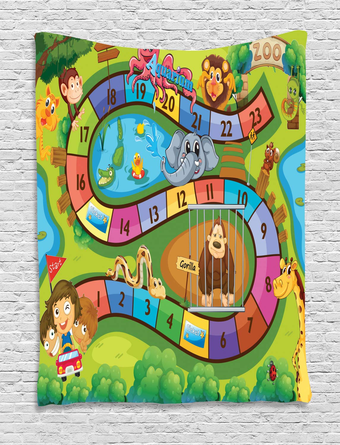Ambesonne Zoo Animals Tapestry - Colorful Cartoon Gorilla & Lion Wall Hanging Decor for Kids Room, Nursery, Dorm (40x60 Inches) - Perfect for Bedroom, Living Room & Playroom Decorations