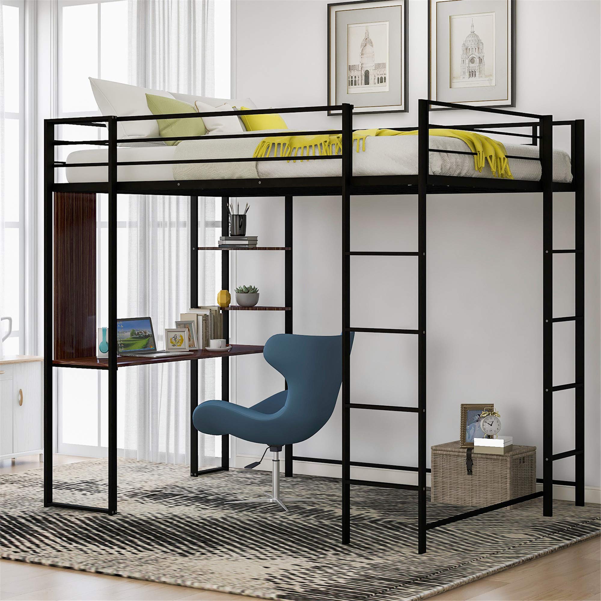 **Full Metal Loft Bed with Desk & Shelves - Space-Saving Twin/Queen Size, Sturdy Steel Frame, Built-In Ladders & Safety Guardrails - No Box Spring Needed (Black/Brown) - Perfect for Small Apartments, Dorms & Kids' Rooms**