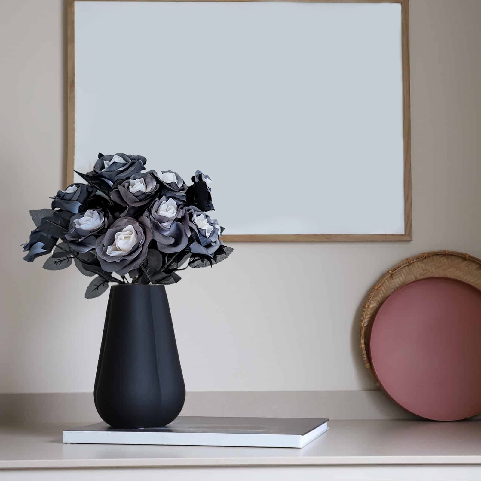 10 Pack Artificial Black Rose Stems - 16 Inch Realistic Silk Black & White Roses with Black Leaves - Fake Flower Bouquet for Wedding, Halloween Party, Home & Office Decor - Perfect for Centerpieces, Gothic Decor, and Dark Romance Themes