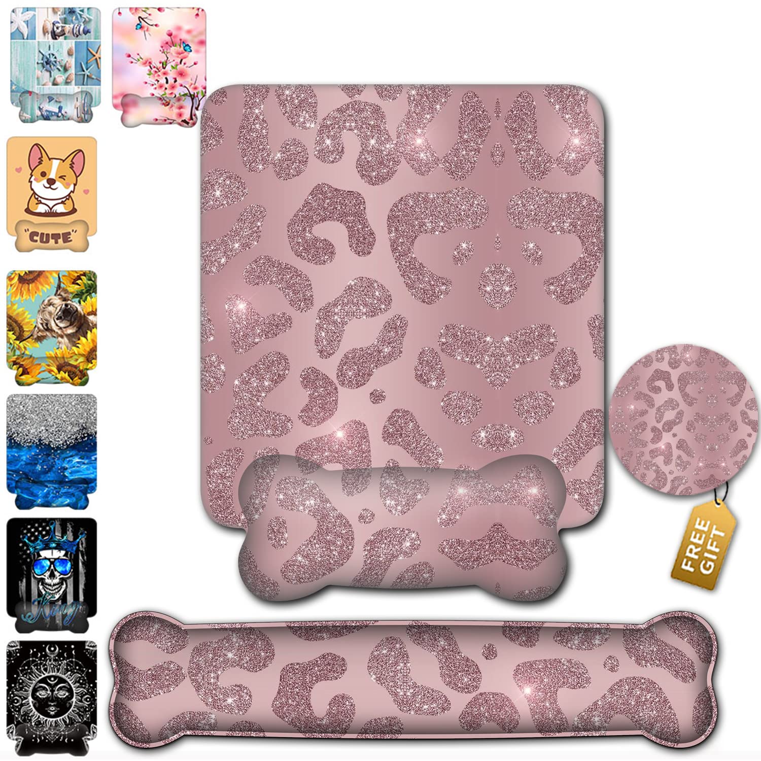 Ergonomic Mouse Pad with Gel Wrist Support & Memory Foam Keyboard Wrist Rest - Comfortable for Gaming, Computer, Laptop & Office Use - Rose Gold Leopard Pink Desk Mat for Pain-Free Typing & Long Work Sessions