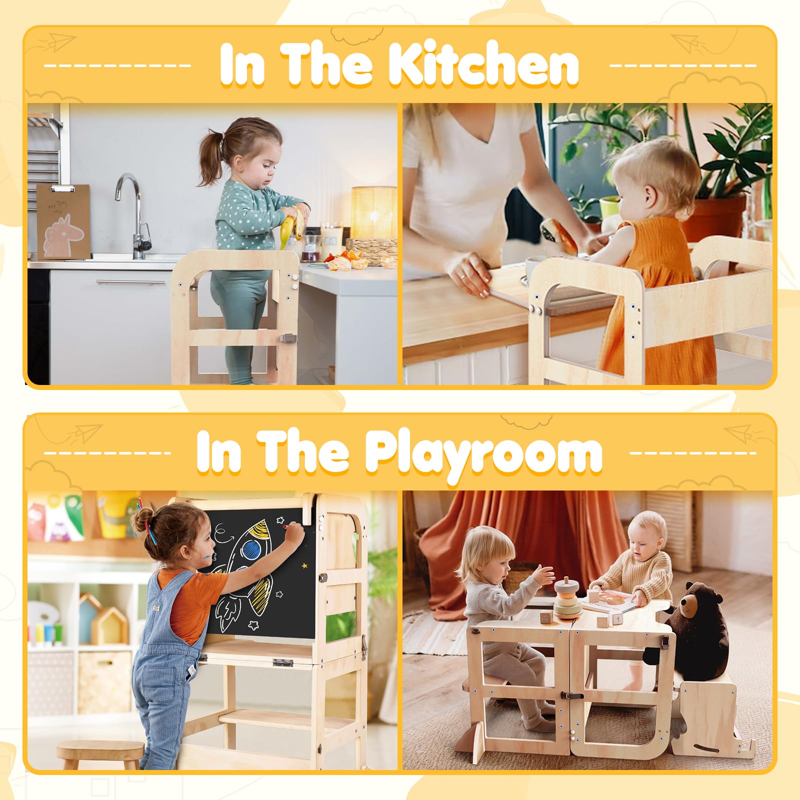 6-in-1 Multifunctional Toddler Step Stool with Foldable Learning Tower, Blackboard & Feeding Tray - Wooden Kitchen Helper for Kids Ages 1-3 - Perfect for Cooking, Learning & Playtime - Ideal Gift for Boys & Girls
