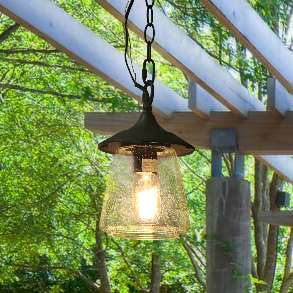 LOG BARN Outdoor Pendant Lights - Black Metal Hanging Lantern with Clear Bubbled Glass Globe for Porch, Gazebo, Entryway & Yard | Weather-Resistant Exterior Lighting for Patio, Garden & Deck
