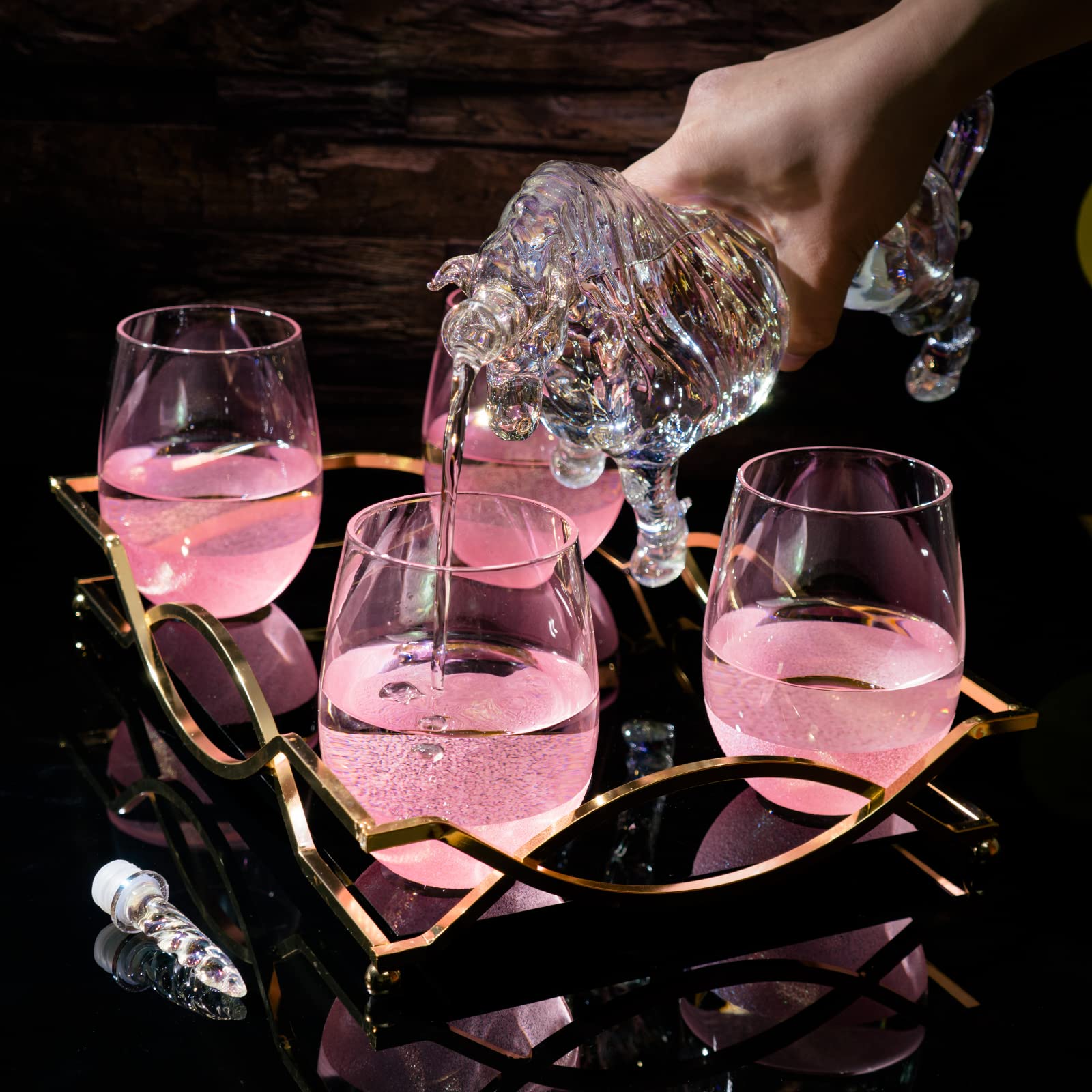 Iridescent Unicorn Wine Whiskey Decanter Set - 750ml Glass Decanter with 4 Pink Sparkle Glasses for Wine, Whiskey, Scotch, Tequila & Cocktails - Perfect for Unicorn Themed Parties, Bridal Showers & Unique Gifts - 14
