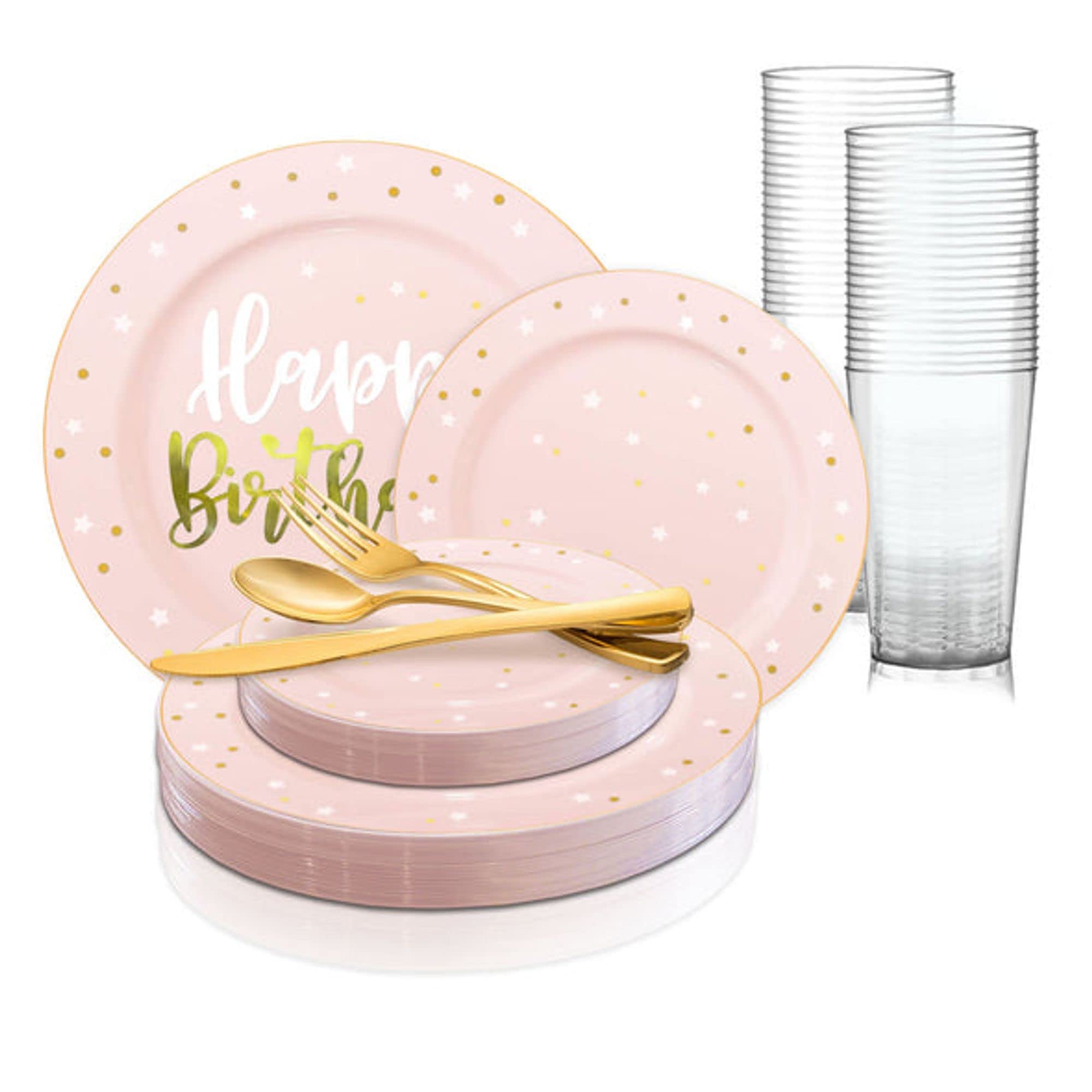 Eco-Friendly Disposable Plastic Party Set - 360-Piece Pink & White Gold Dinner Plates, Salad Plates, Cutlery (Forks, Spoons, Knives) & Cups for Weddings, Birthdays, Baby Showers & Special Events - Perfect for Indoor/Outdoor Celebrations & Catering Services