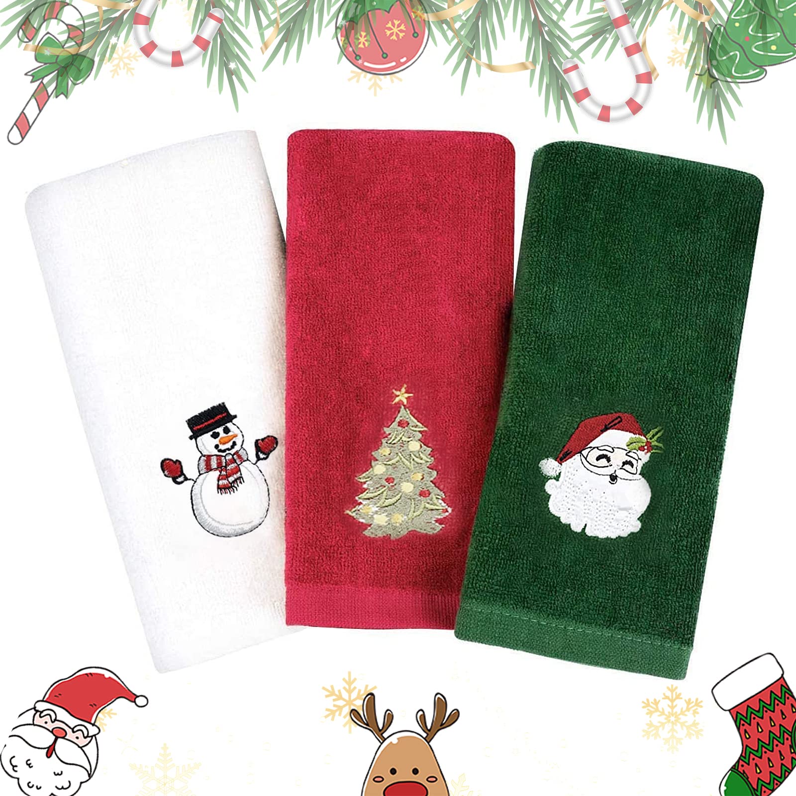 Premium Christmas Kitchen Hand Towels 12x18 Inch - 100% Cotton Dish Towel Set of 3 (Red, White, Green) - Super Soft Absorbent Wash Cloths for Holiday Decor, Cooking, Baking & Hosting Gifts - Decorative Home Kitchen & Bathroom Essentials