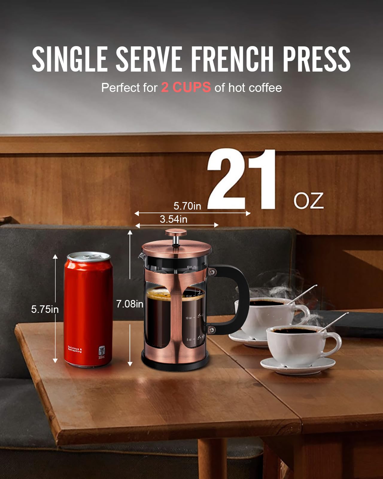 BAYKA 21oz (0.6L) French Press Coffee Maker - Small Single Serve Brewer with Heat Resistant Borosilicate Glass & Stainless Steel - Ideal for Home, Office, Camping & Travel - Makes Hot Coffee, Tea & Cold Brew