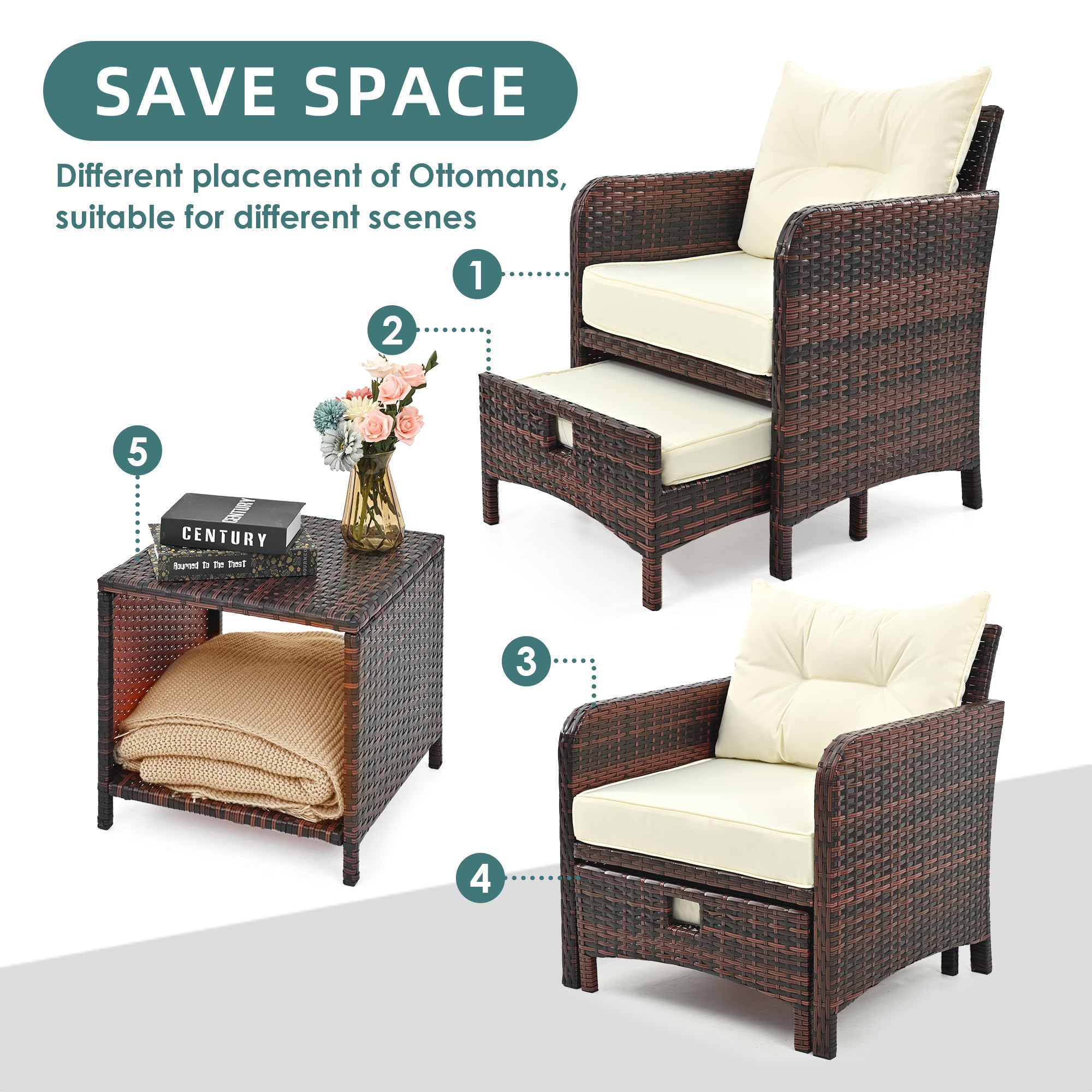 Pamapic 5-Piece Rattan Patio Furniture Set with Ottomans & Coffee Table - PE Wicker Outdoor Chairs for Poolside, Porch, Garden, Balcony, Lawn - Beige | Perfect for Relaxing, Entertaining & Outdoor Dining