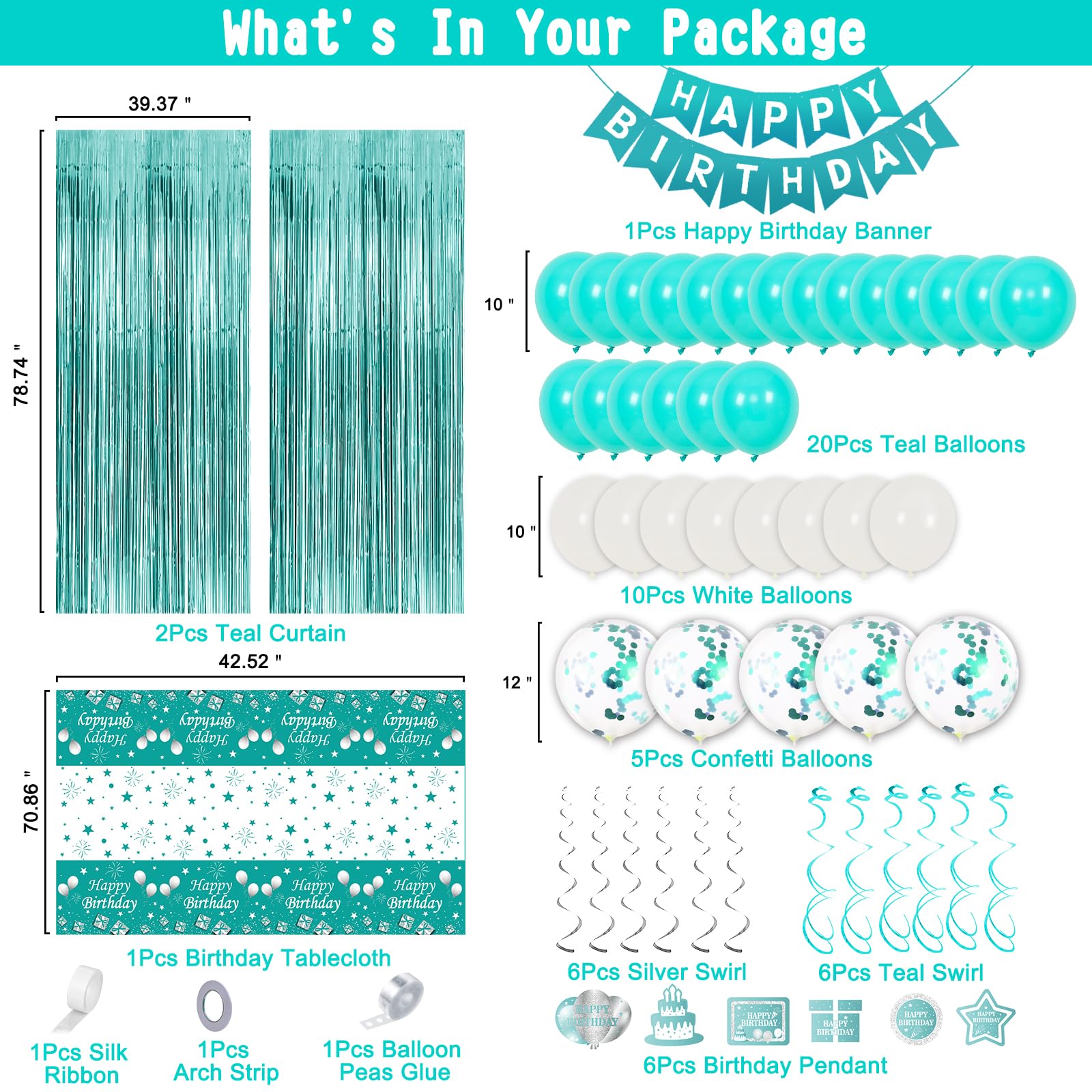 Teal Birthday Party Decorations for Girls & Women - Balloons, Curtains, Tablecloth, Swirl Pendants & Banner - Perfect for Birthday Celebrations, Baby Showers & Special Events