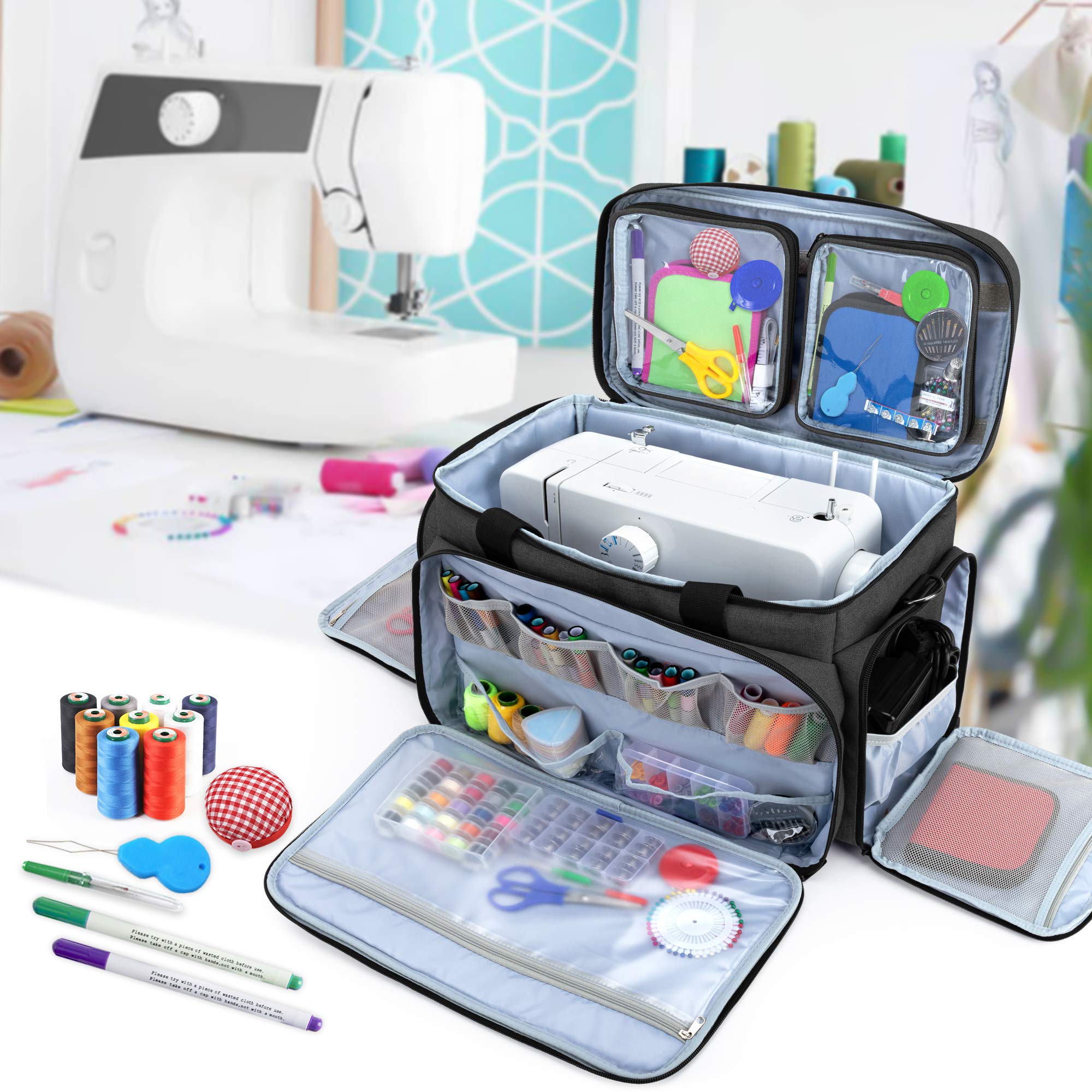 CURMIO Universal Sewing Machine Carrying Case - Travel Tote Bag with 2 Removable Transparent Zipper Pouches for Sewing Supplies, Fits Most Standard Machines (Black, Patented Design) - Perfect for Home Use, Classes & Craft Fairs