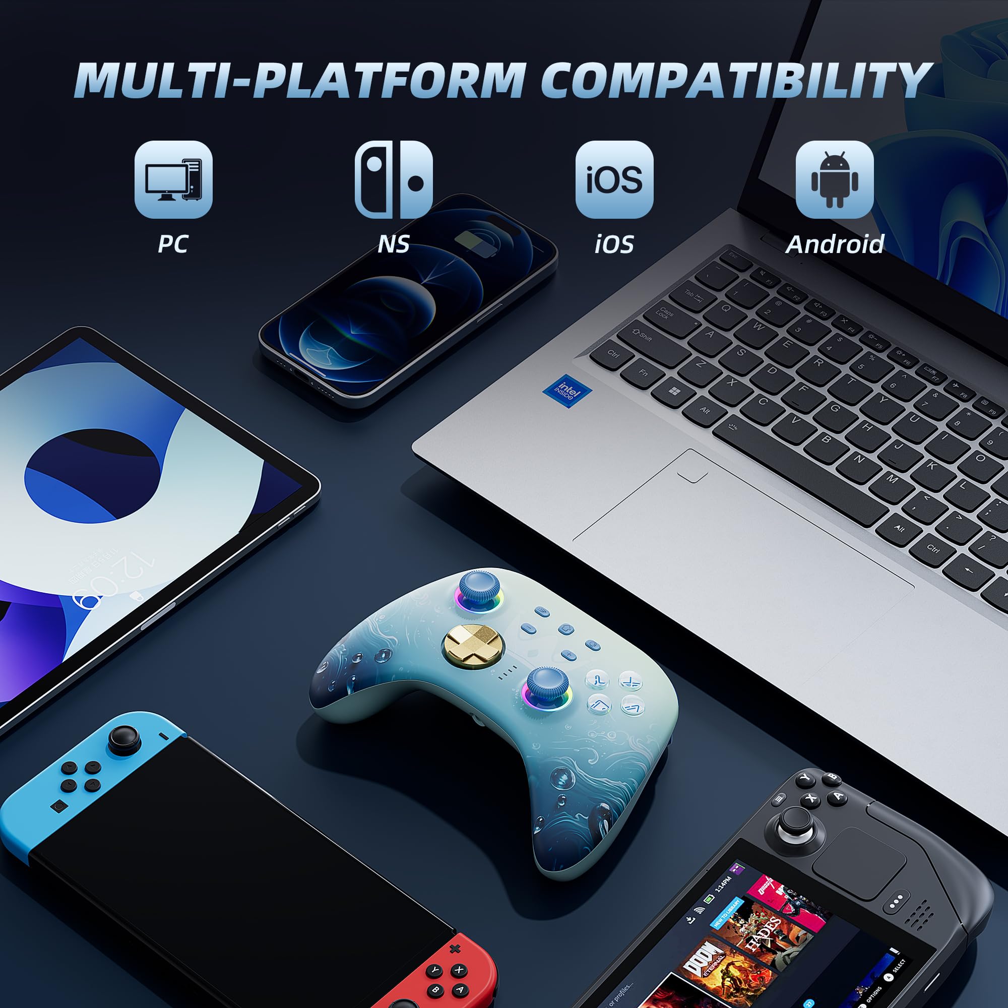 Mytrix Wireless Pro Controller for Nintendo Switch/PC - Hall Effect Joysticks, Bluetooth, Charging Dock (Aqua Blue) - Perfect for Gaming on TV & Mobile
