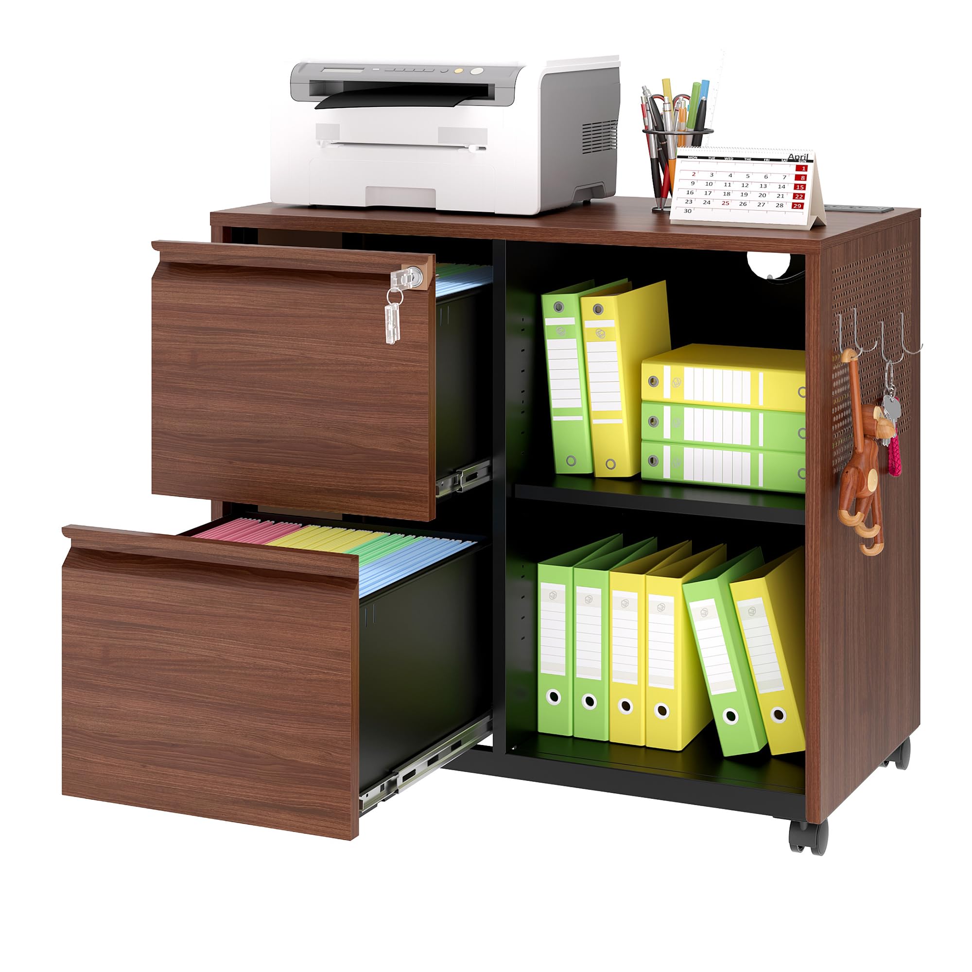 Mobile File Cabinet with Charging Station & Lock - Lateral Office Cabinet with Open Storage Shelves & Printer Stand - Left Drawer Brown - Perfect for Home Office Organization & Workspace Storage Solutions