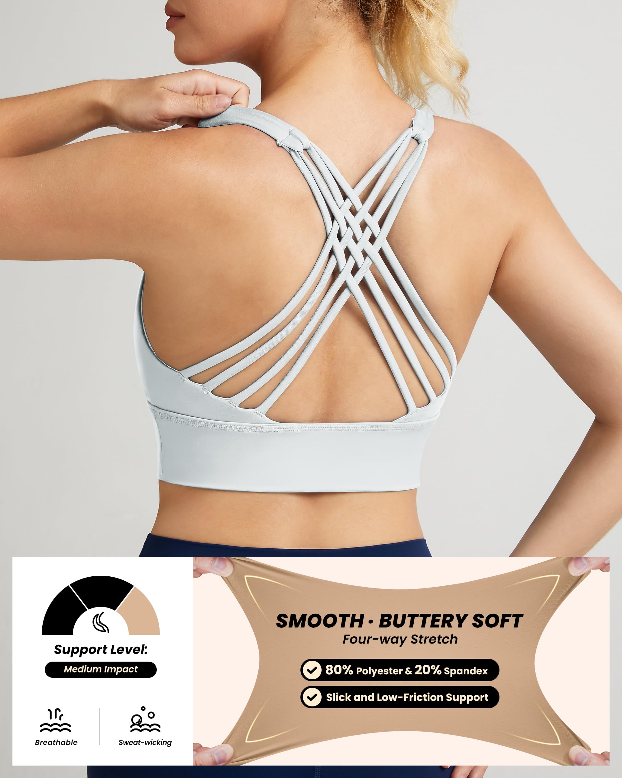 QUEENIEKE Women's Wirefree Criss Cross Sports Bra - Longline Strappy Yoga Workout Top for Running, Gym & Activewear