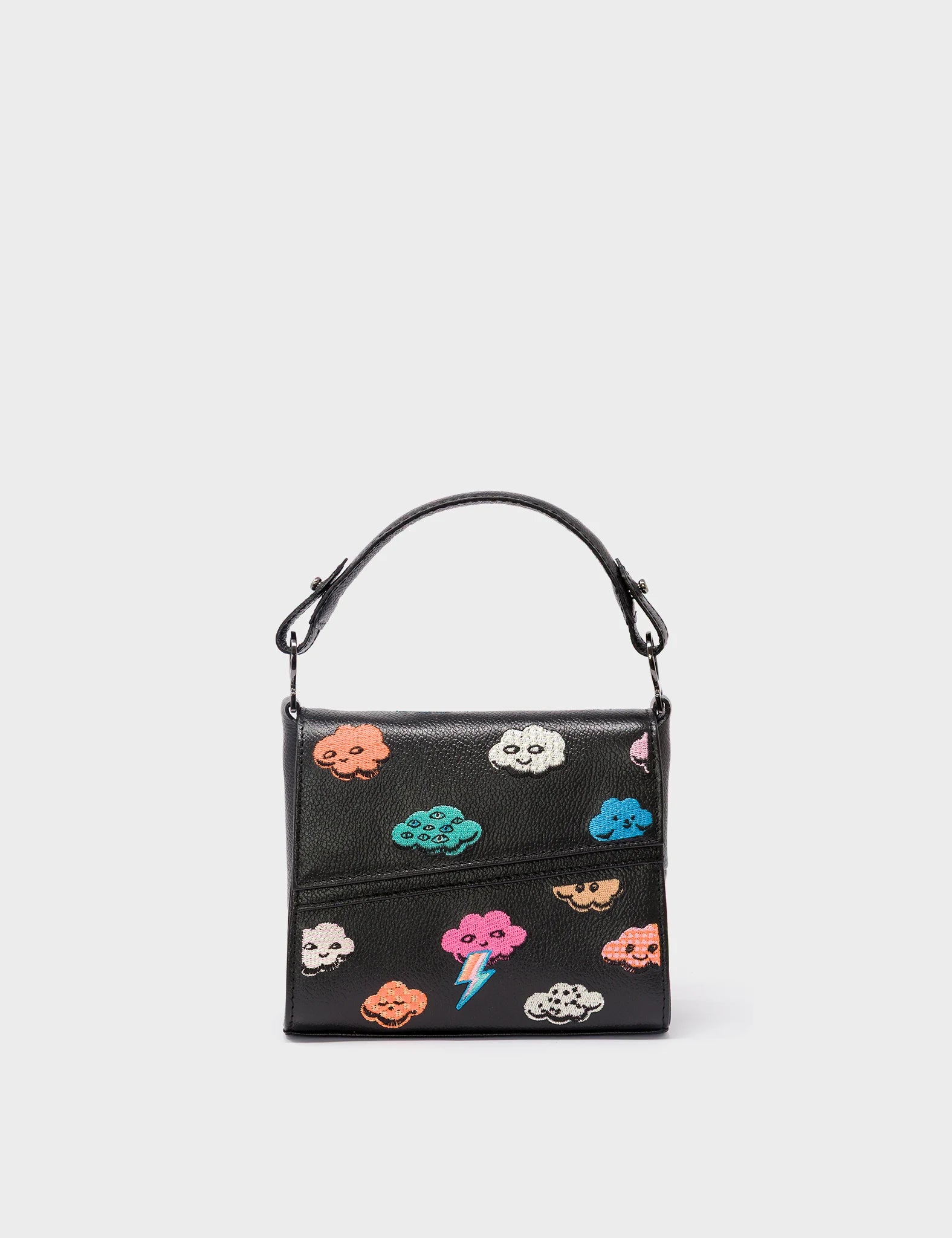 Anastasio Black Leather Micro Crossbody Handbag with Happy Clouds Design - Perfect for Everyday Use, Travel & Casual Outings