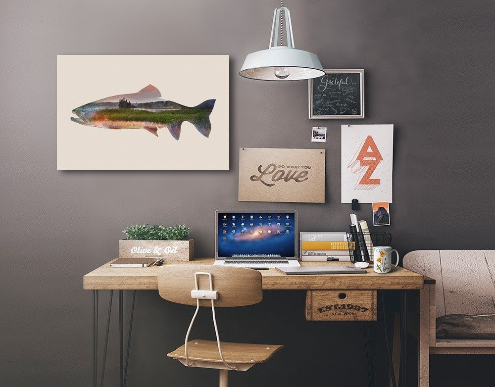 Lantern Press Trout Double Exposure 16x24 Wrapped Canvas Wall Art - Nature Inspired Home Decor for Living Room, Bedroom & Office