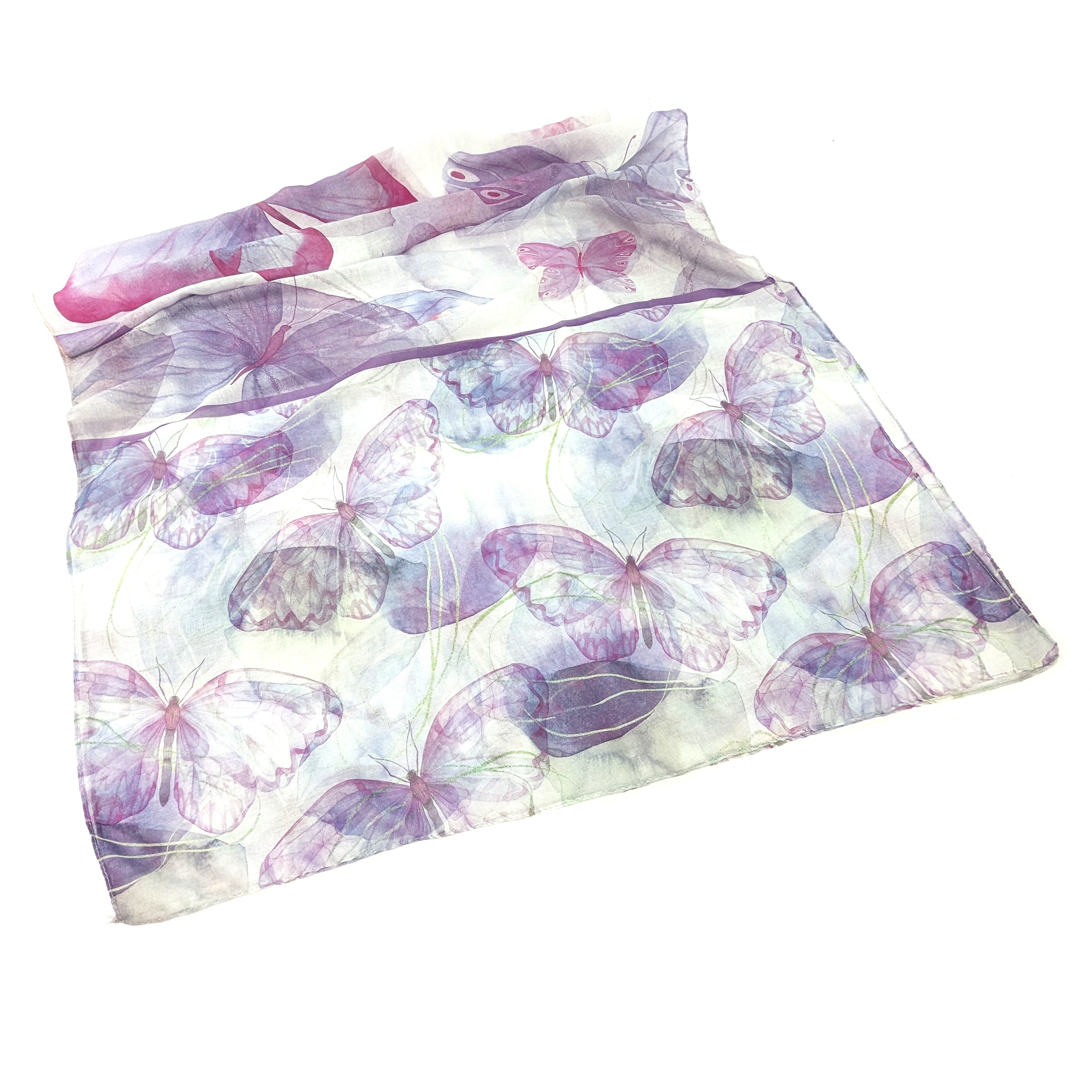 Watercolor Butterfly Scarf - Iris Purple Silk Fashion Accessory (50x180cm) for Women's Spring Outfits, Bridal Shawl & Boho Style